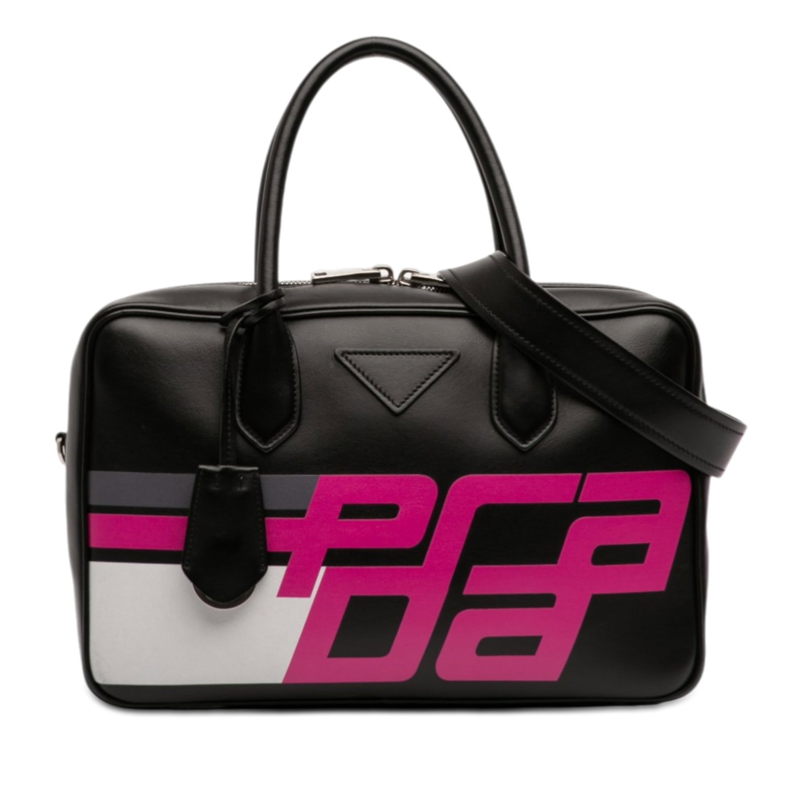 Prada black leather City Calf Racing satchel with dust bag: Prada black leather City Calf Racing satchel with dust bag This Prada City Calf Racing Satchel is crafted in black leather and features rolled leather handles, a detachable flat leather strap, and a t