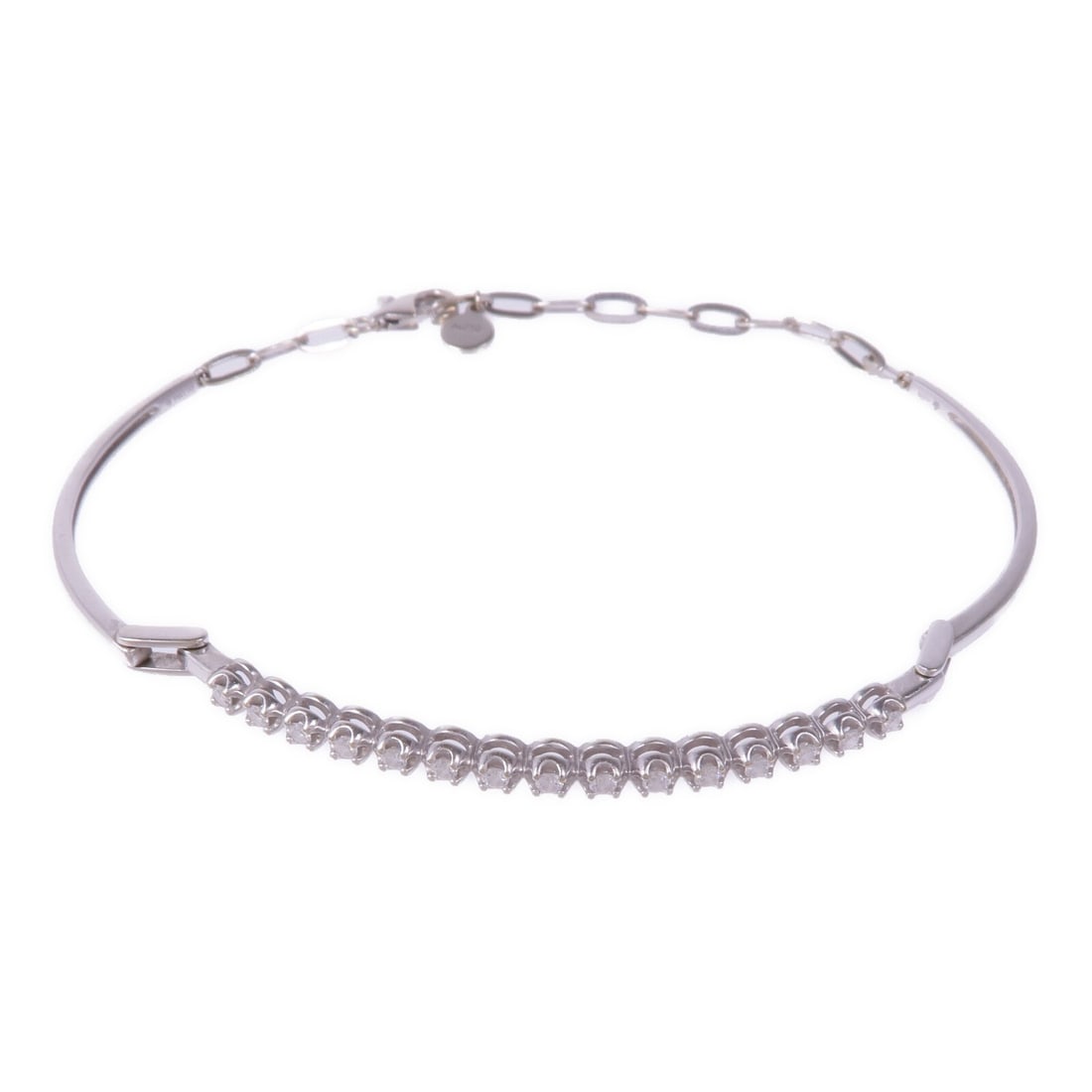 JEWELRY Diamond Bracelet in 18K White Gold: JEWELRY Diamond Bracelet in 18K White Gold This stunning bracelet is crafted from 18K white gold, showcasing a brilliant clear diamond as its centerpiece. Designed in a regular size, this elegant piec