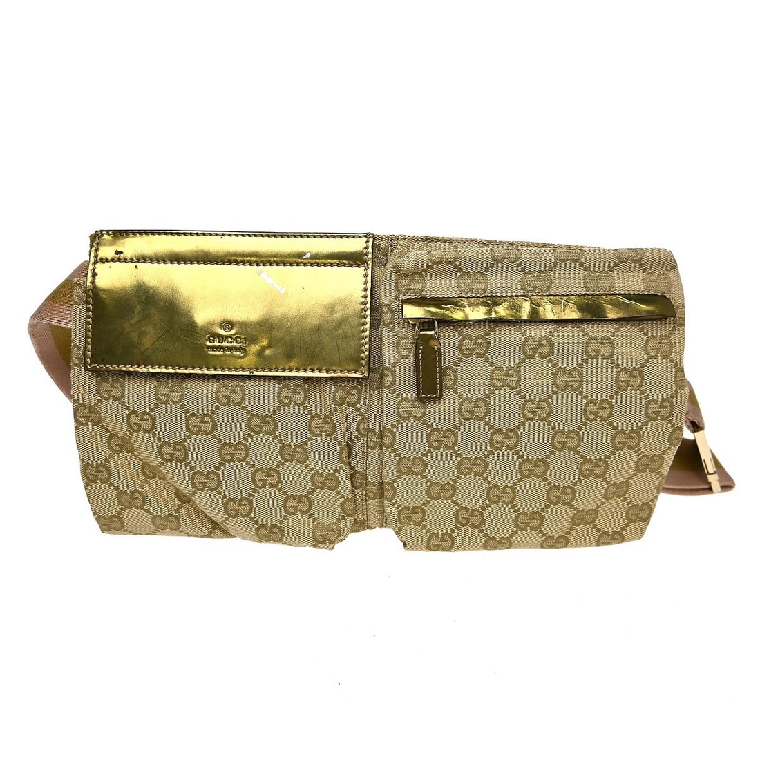 Gucci canvas belt bag black 11 in 7 in silver strap: Gucci canvas belt bag black 11 in 7 in silver strap This Gucci belt bag features the iconic GG canvas design in beige with black accents and a silver strap. Crafted from a blend of canvas and leather,