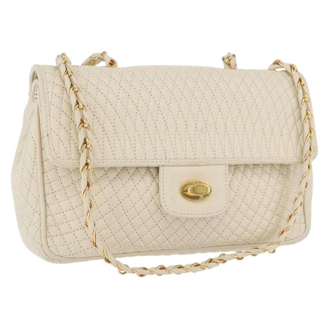 White Quilted Leather Shoulder Bag by Bally with Chain Strap: White Quilted Leather Shoulder Bag by Bally with Chain Strap This BALLY quilted chain shoulder bag is crafted from white and gold leather and designed for women. The bag features a quilted exterior, c