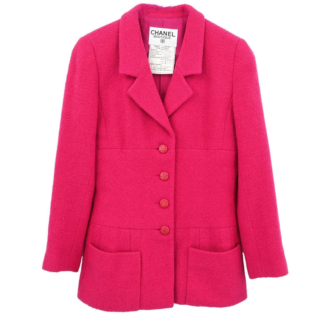 Chanel Pink Wool Single Breasted Jacket Vintage #36: Chanel Pink Wool Single Breasted Jacket Vintage #36 This stunning Chanel Single Breasted Jacket in a lovely pink hue is perfect for both casual and formal occasions. Crafted in France from 100% wool, 