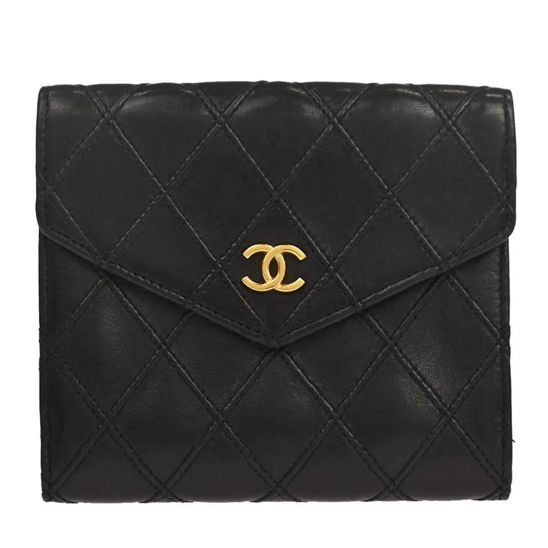 CHANEL CC Black Lambskin Folding Bifold Wallet: CHANEL CC Black Lambskin Folding Bifold Wallet This Chanel bifold wallet is crafted from black lambskin leather and features the iconic CC pattern. Designed for women, it offers a folding structure fo