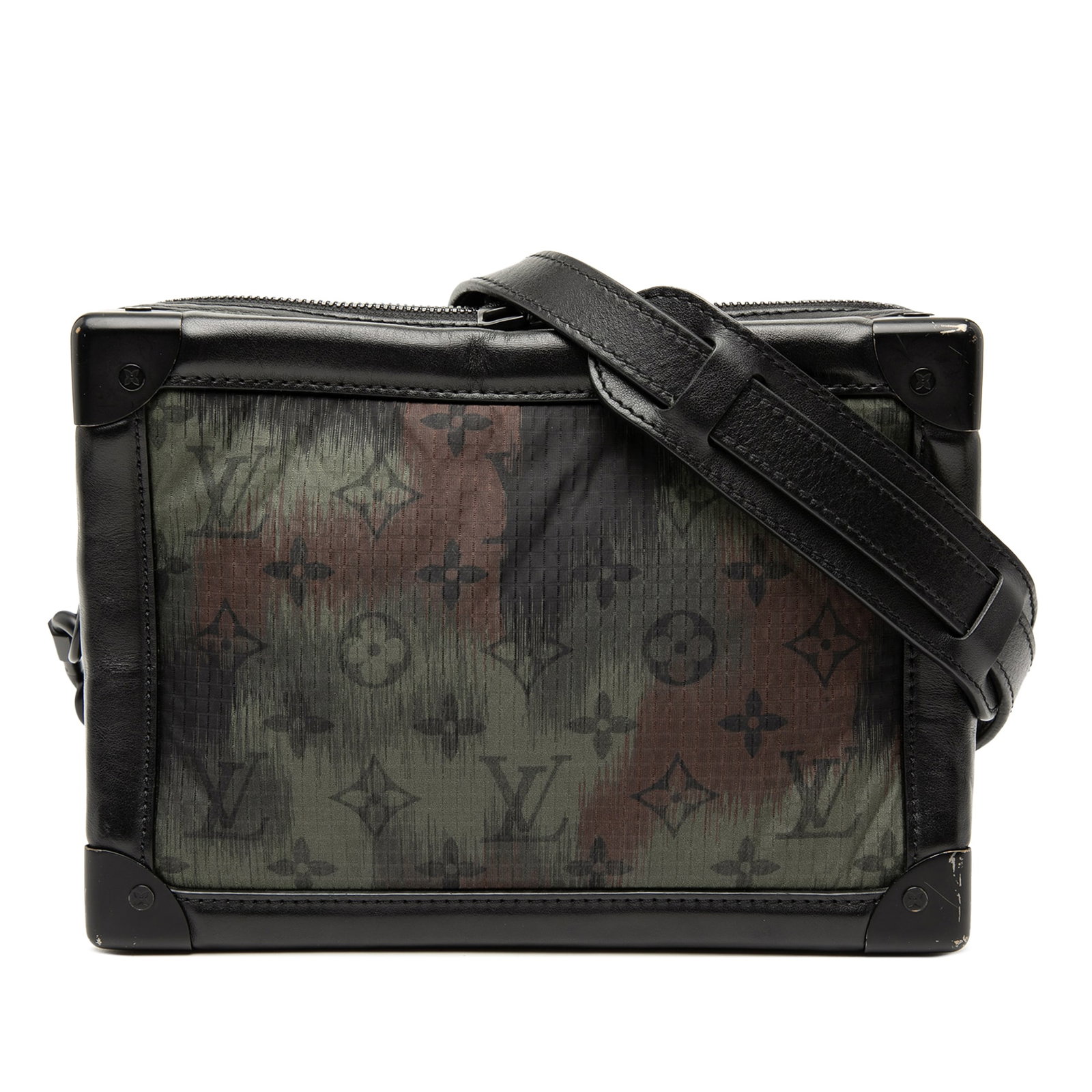 Louis Vuitton camouflage nylon soft trunk bag: Louis Vuitton camouflage nylon soft trunk bag This Louis Vuitton Monogram Camouflage Nylon Soft Trunk features a monogram nylon body with leather trim, an adjustable flat leather strap with chain link
