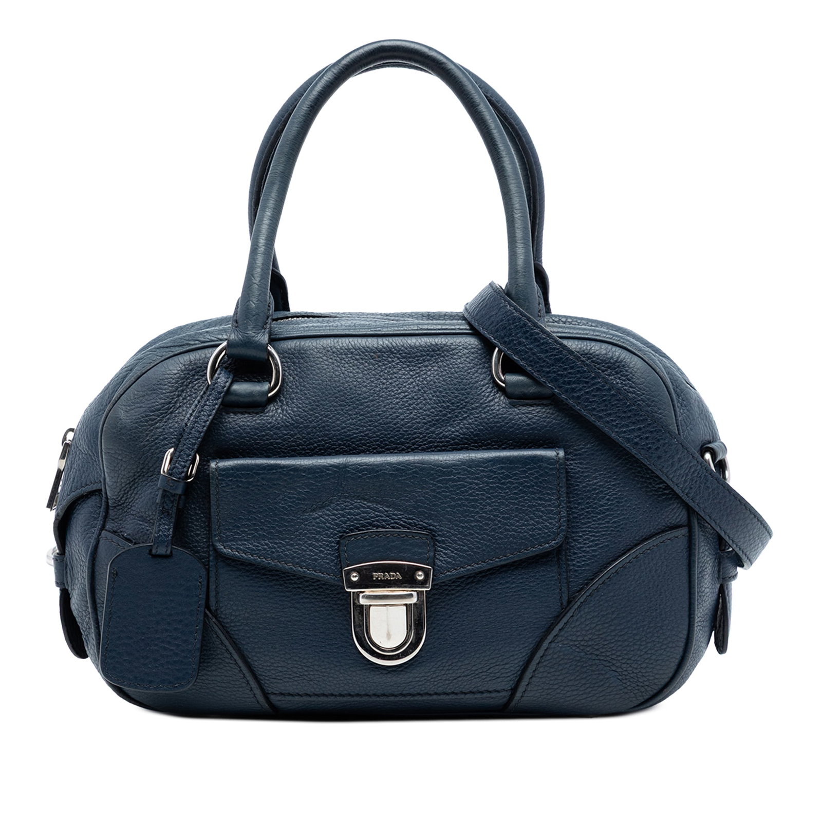 Prada blue leather Boston satchel front pocket (1 of 6)