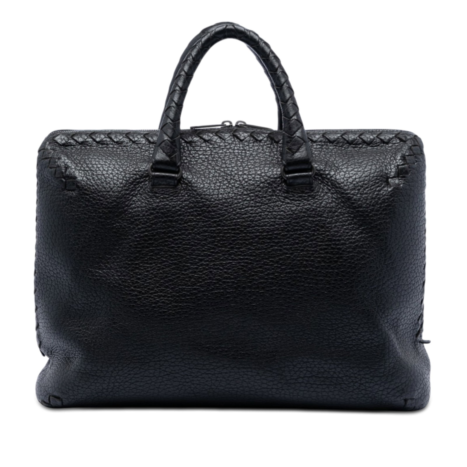 Bottega Veneta Black Leather Cervo Briefcase Intrecciato Trim: Bottega Veneta Black Leather Cervo Briefcase Intrecciato Trim This Bottega Veneta Intrecciato Trimmed Cervo Briefcase is crafted from black goatskin leather and features the brand's signature woven tr