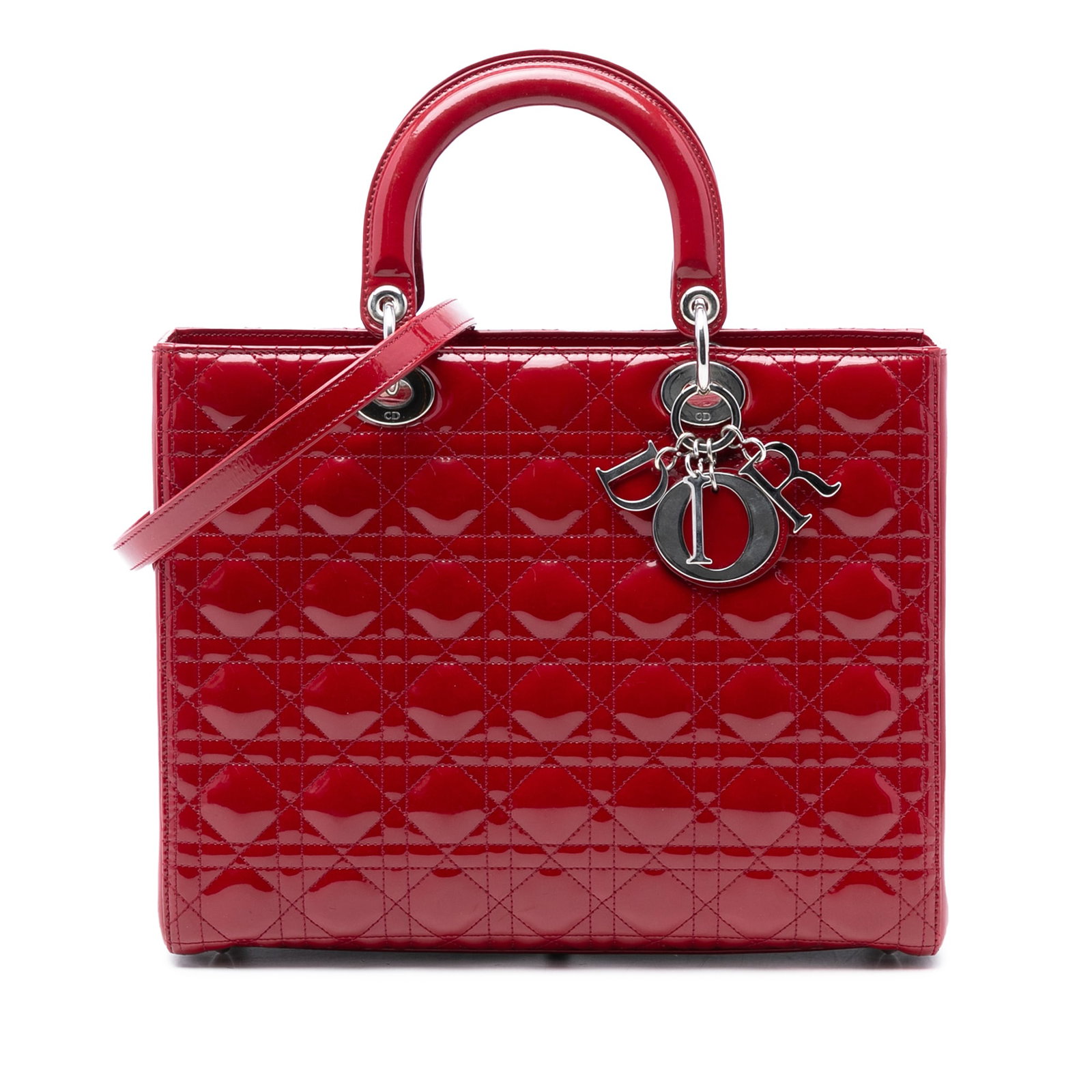 Dior Lady Dior Large Red Patent Leather Cannage Tote Bag: Dior Lady Dior Large Red Patent Leather Cannage Tote Bag This Lady Dior handbag features a red patent leather body with the iconic Cannage pattern, flat leather top handles, a detachable flat leather 