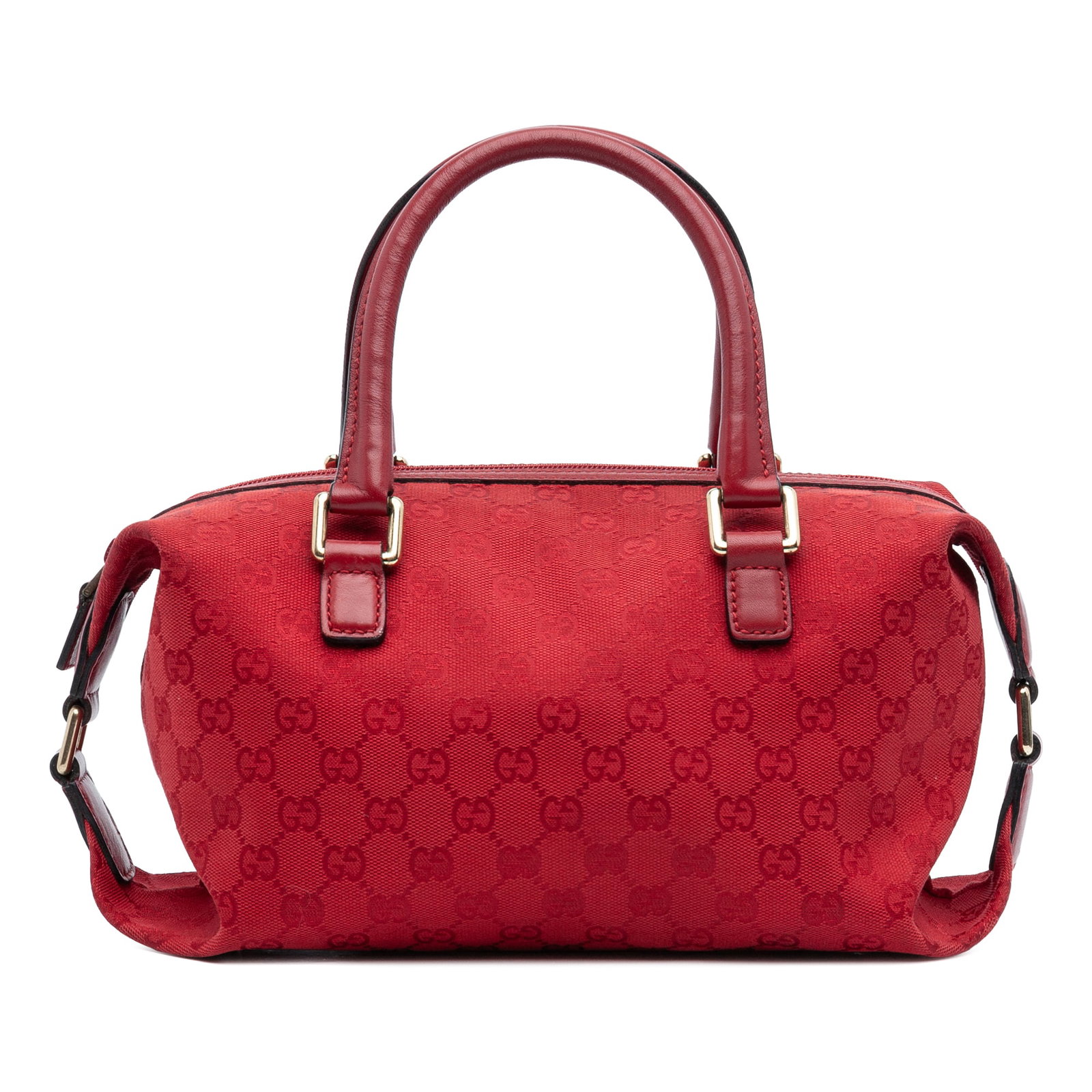 Red GG Canvas Boston Satchel with Leather Trim by Gucci: Red GG Canvas Boston Satchel with Leather Trim by Gucci This Gucci GG Canvas Boston Bag showcases a classic canvas exterior with leather trim, rolled leather handles, and a top zip closure. The bag fe