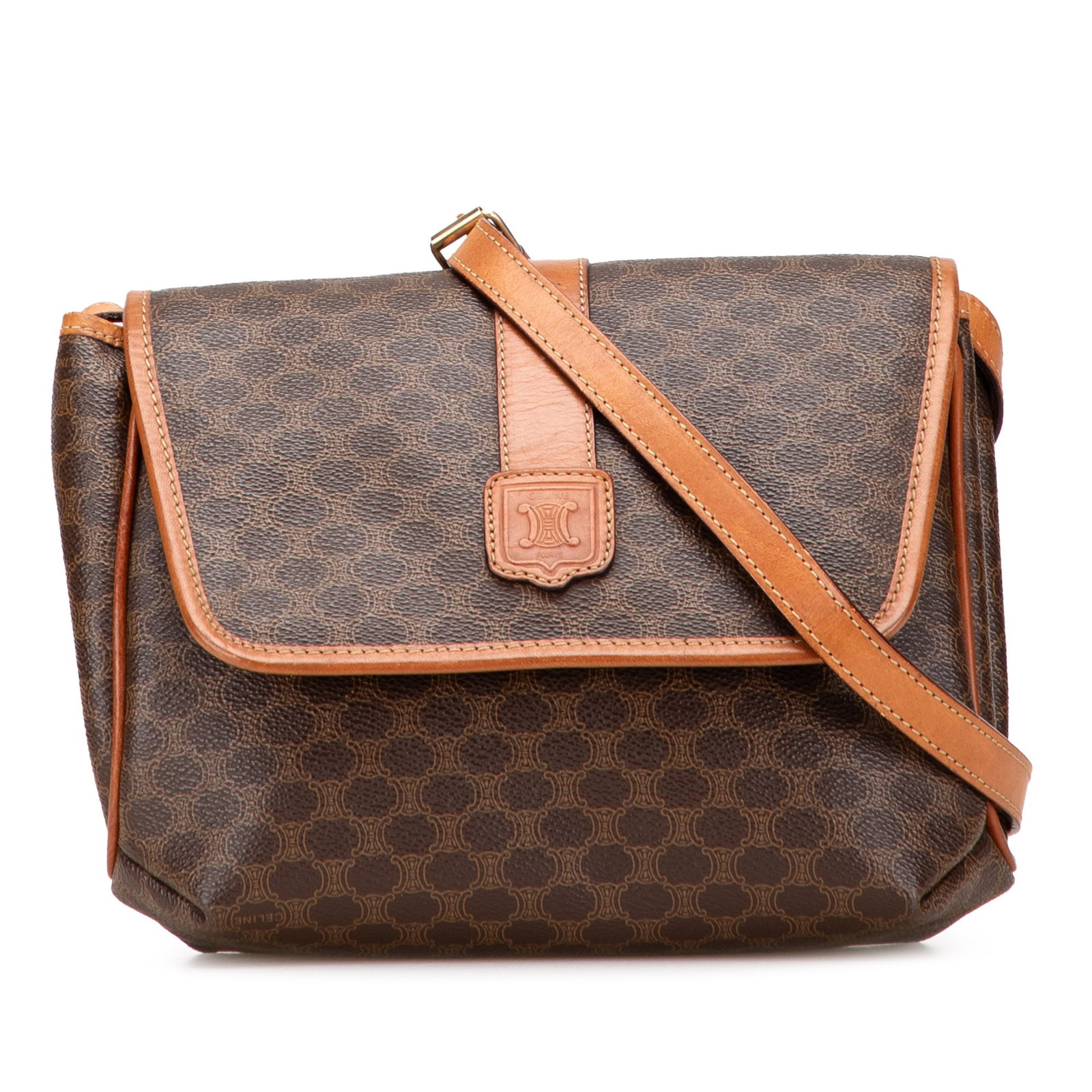 Celine Macadam brown coated canvas crossbody bag: Celine Macadam brown coated canvas crossbody bag This Celine Macadam crossbody bag features a brown coated canvas exterior with leather trim and an adjustable flat leather strap. The design includes a