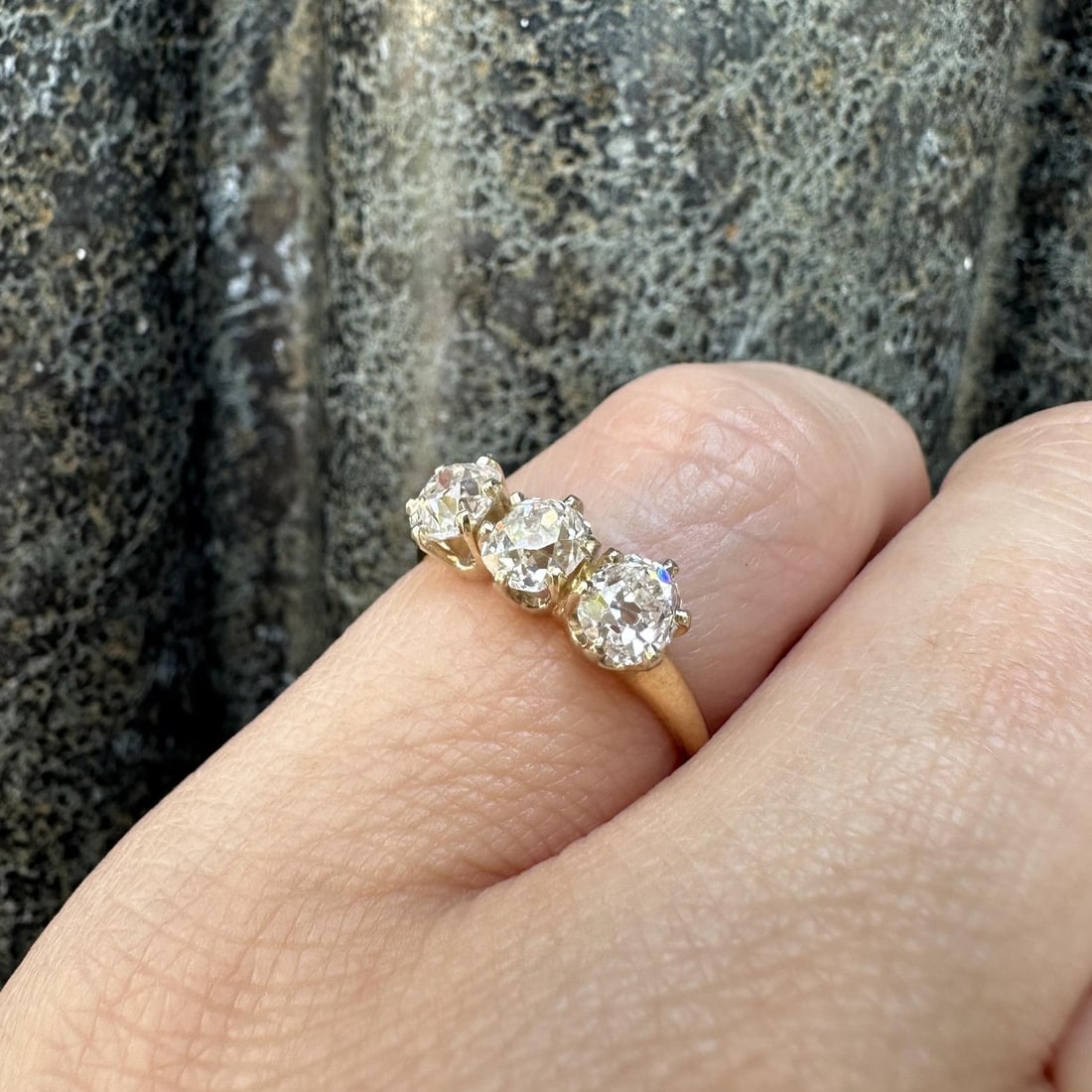Antique 3 stone diamond cocktail ring 1.60ctw yellow gold white top size 4.5: Antique 3 stone diamond cocktail ring 1.60ctw yellow gold white top size 4.5 This antique three-stone ring features approximately 1.60 carats total weight of chunky old mine cut natural diamonds, pron