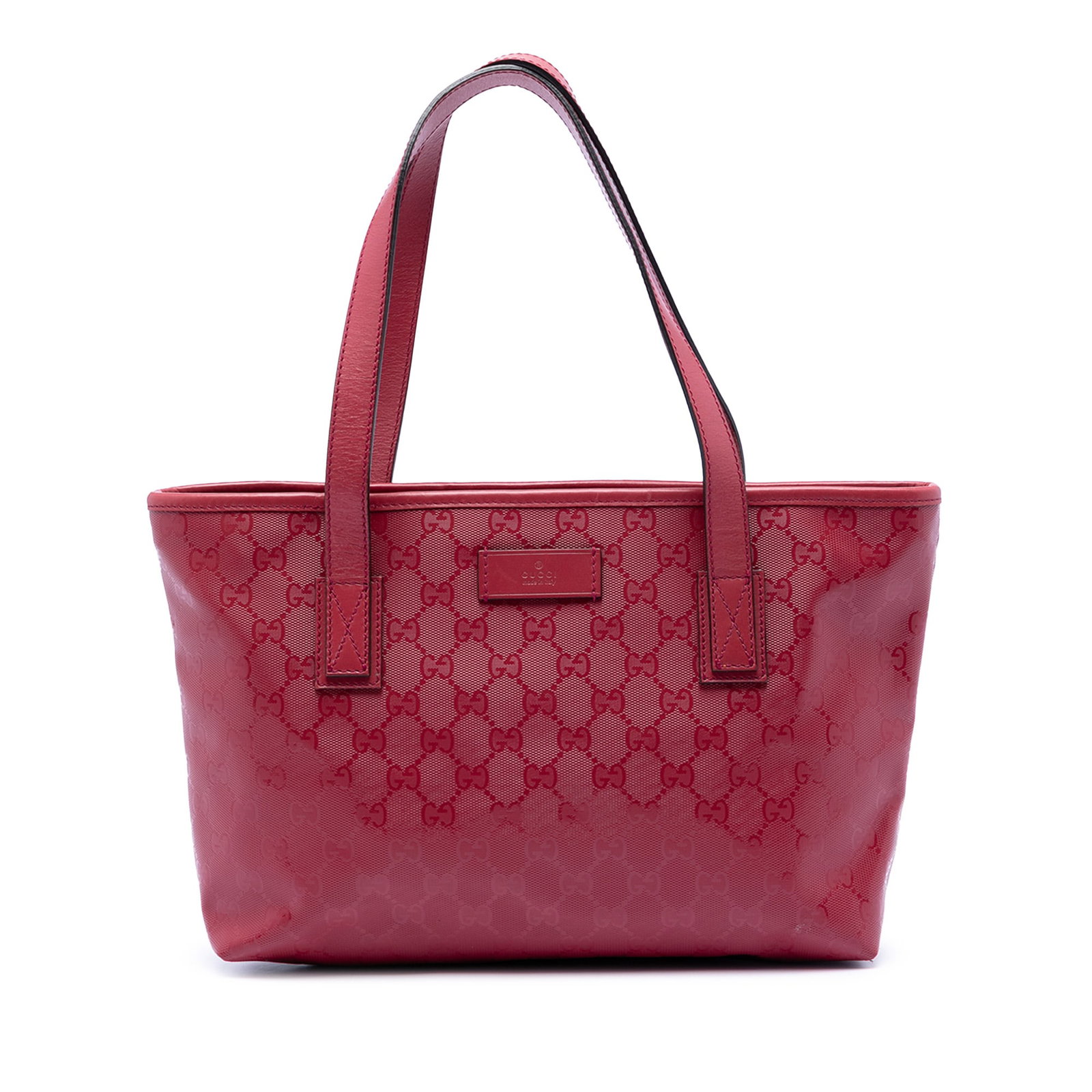 Gucci GG Imprime Red Coated Canvas Tote Bag: Gucci GG Imprime Red Coated Canvas Tote Bag This Gucci GG Imprime Tote is crafted in Italy and features a coated canvas body with leather trim. The bag is designed with flat leather straps, a top zip 