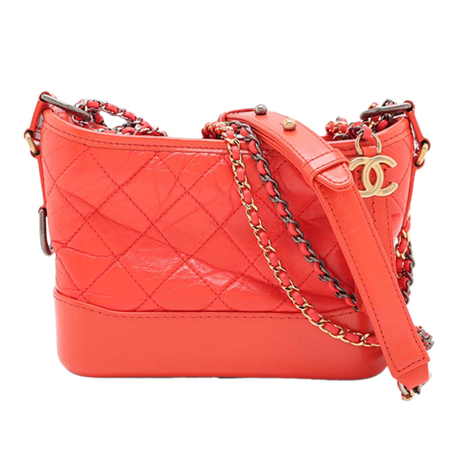 Chanel Gabrielle red calfskin crossbody bag: Chanel Gabrielle red calfskin crossbody bag This Chanel Small Aged Calfskin Gabrielle Crossbody bag is crafted from quilted calf leather in red and features leather-woven chain-link straps. It is desi