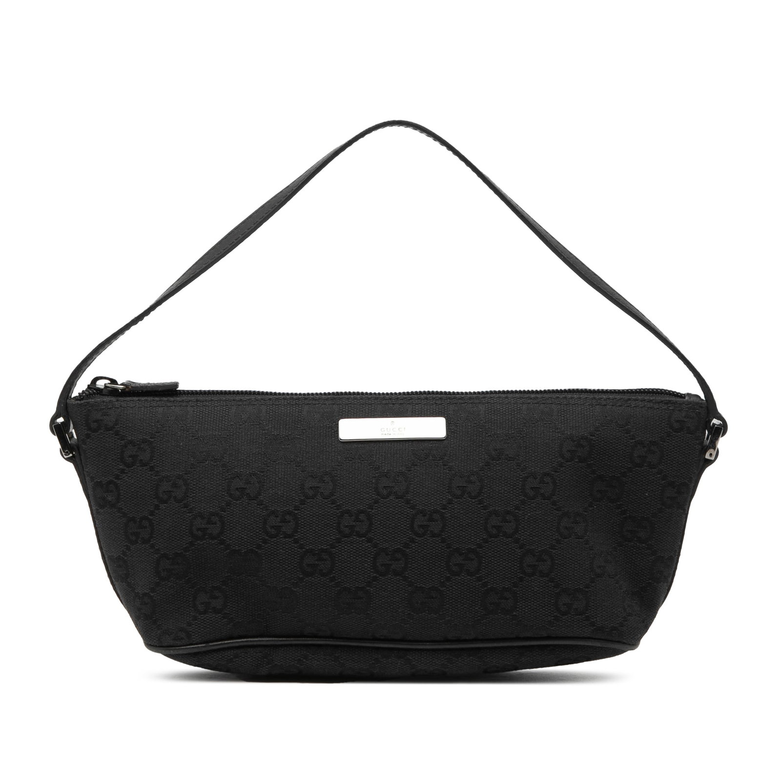 Gucci black canvas shoulder bag GG Canvas Boat: Gucci black canvas shoulder bag GG Canvas Boat This Gucci GG Canvas Boat shoulder bag features a canvas body with leather trim, a flat leather strap, and a top zip closure. The bag is made in Italy an