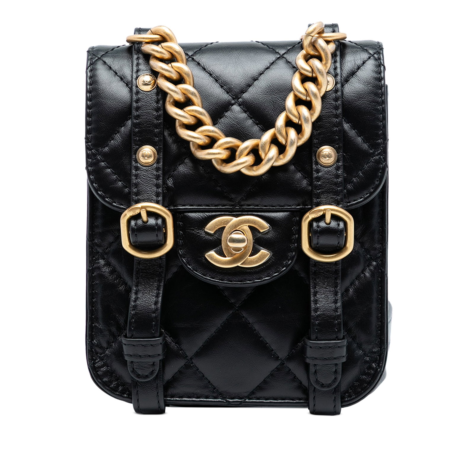 Black Chanel Mini City School Quilted Leather Flap Bag with Chain Strap: Black Chanel Mini City School Quilted Leather Flap Bag with Chain Strap This Chanel Mini Aged Calfskin City School Flap bag features a quilted leather body in black, a gold-tone chain link handle, an 