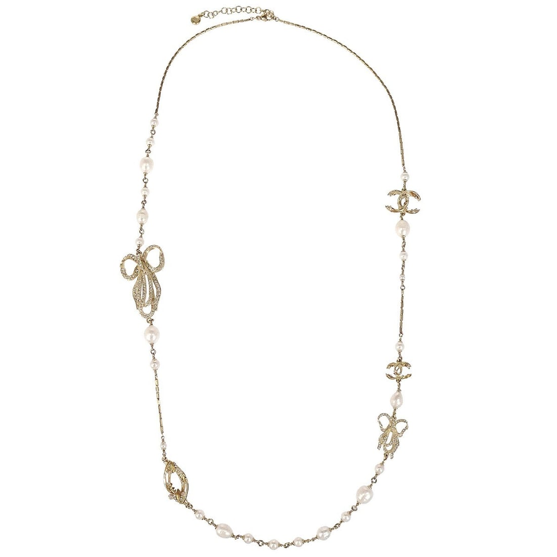 Chanel Gold Plated Chain Necklace with Pearl CC Bow: Chanel Gold Plated Chain Necklace with Pearl CC Bow This Chanel chain necklace features a gold-plated finish, adorned with rhinestones and artificial pearls. The design includes the signature CC logo 