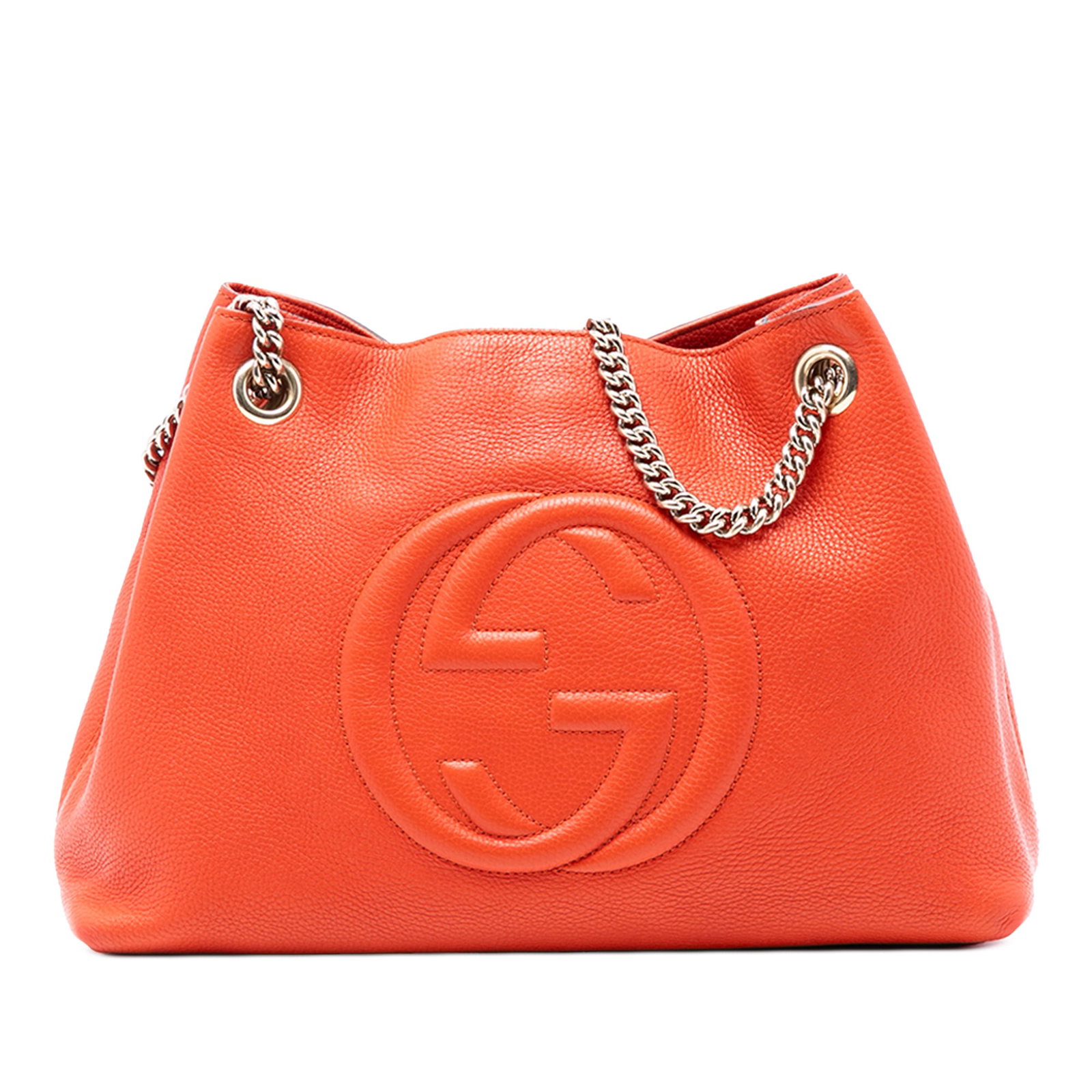 Gucci Orange Leather Soho Chain Tote with Tassel: Gucci Orange Leather Soho Chain Tote with Tassel This Gucci Medium Leather Soho Chain Tote features an orange leather body with silver-tone chain straps and a leather guard. It is accented with a tass