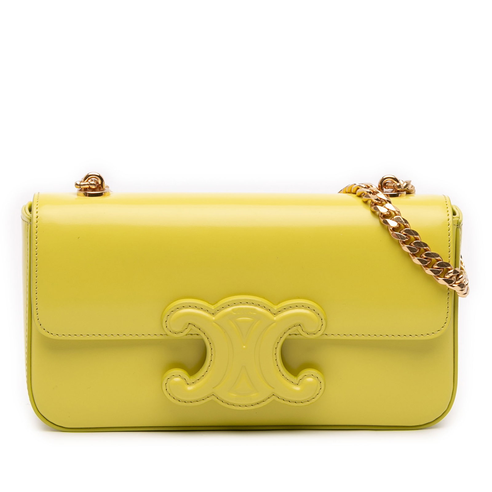 Celine Claude Chain Shoulder Bag in Shiny Calfskin Leather Yellow: Celine Claude Chain Shoulder Bag in Shiny Calfskin Leather Yellow This Celine Shiny Calfskin Claude Chain Shoulder Bag features a yellow leather body, a chain-link shoulder strap, a front flap with a 