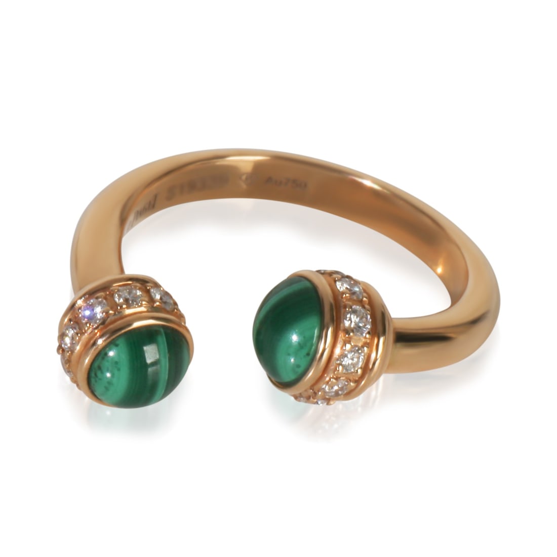 Piaget Possession Open Ring Rose Gold Malachite Diamond Size 5: Piaget Possession Open Ring Rose Gold Malachite Diamond Size 5 This Piaget Possession Open Ring features a striking combination of 18k rose gold, malachite, and round brilliant diamonds. The ring is d