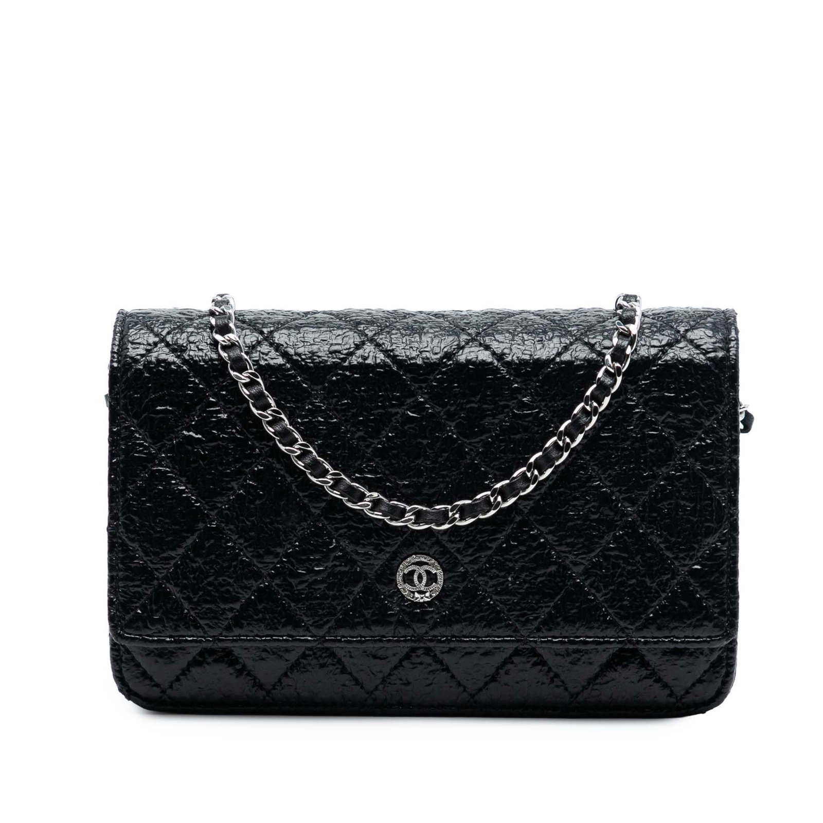 Chanel Black Crinkled Patent Leather Quilted Wallet On Chain Bag: Chanel Black Crinkled Patent Leather Quilted Wallet On Chain Bag This Chanel CC Quilted Crinkled Patent Wallet On Chain features a black quilted patent leather exterior with a crinkled finish. It is d