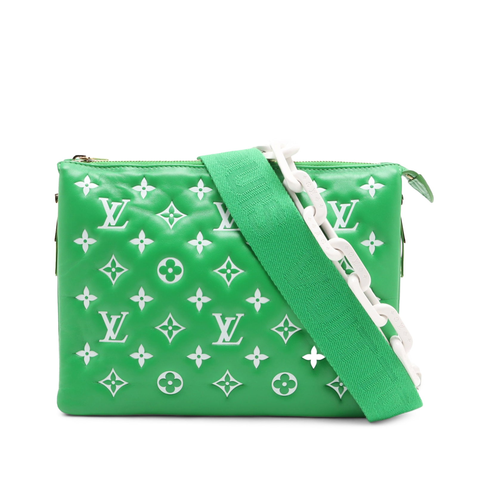 Louis Vuitton Coussin PM embossed leather bag green: Louis Vuitton Coussin PM embossed leather bag green This Louis Vuitton Monogram Embossed Puffy Lambskin Coussin PM bag features a green embossed leather body, a gold-tone chain handle, and a detachabl