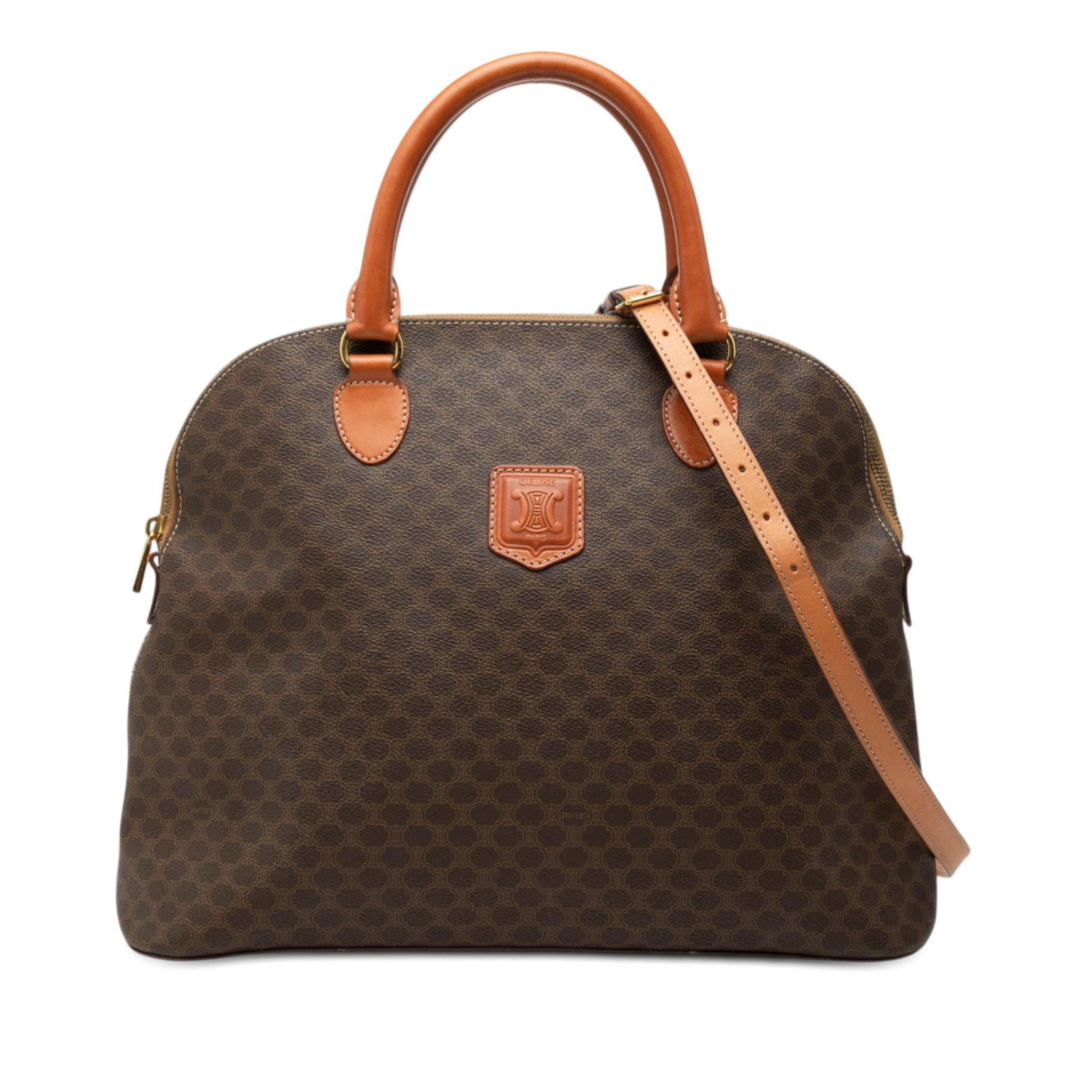 Celine Macadam dome satchel in coated canvas: Celine Macadam dome satchel in coated canvas This Celine Macadam Dome Satchel showcases the brand's iconic coated canvas body in brown, complemented by rolled leather handles and a detachable flat lea