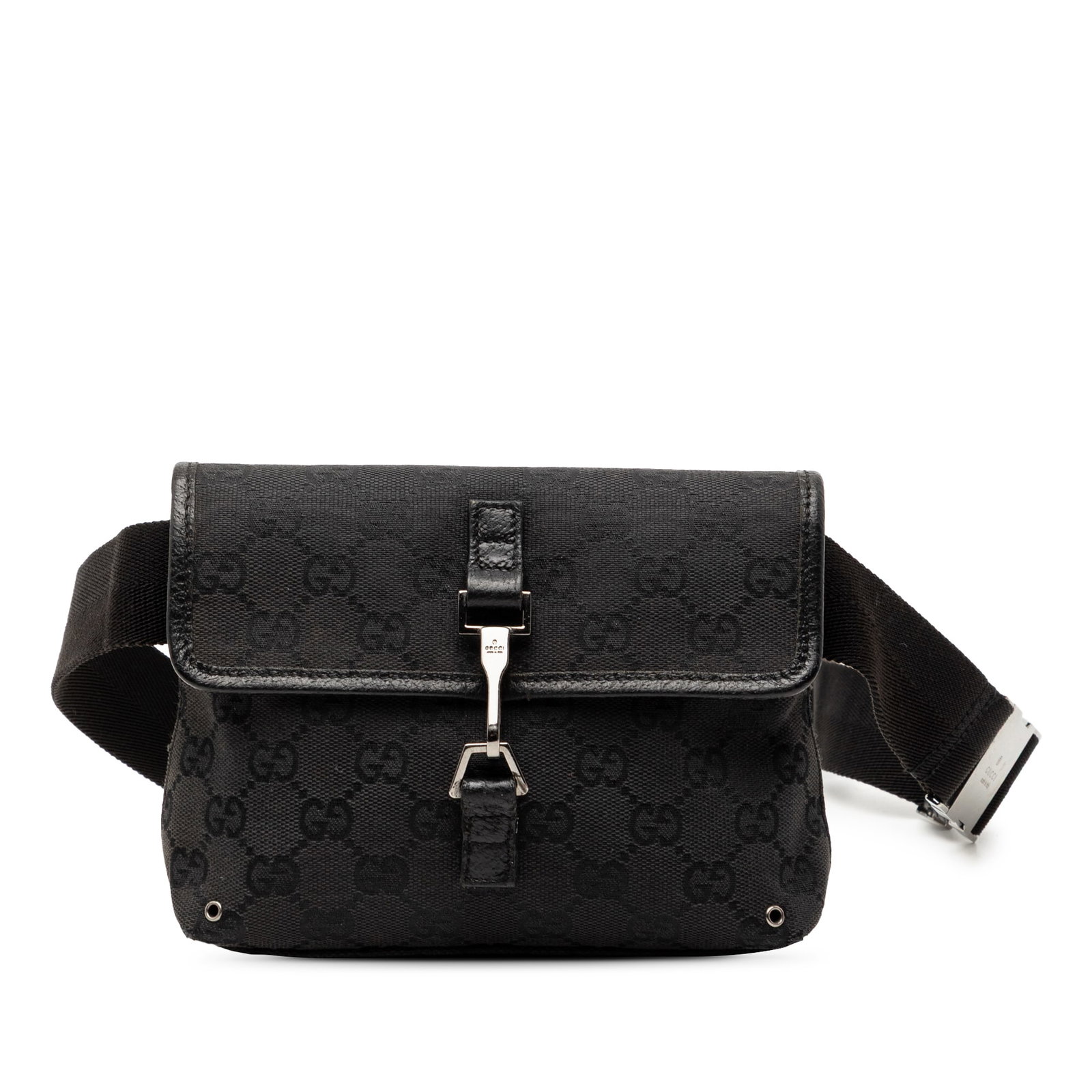 Gucci Jackie GG Canvas Black Belt Bag: Gucci Jackie GG Canvas Black Belt Bag This Gucci GG Canvas Jackie Belt Bag features a canvas body with leather trim, an adjustable flat waist strap, a front flap with push lock closure, and an interio
