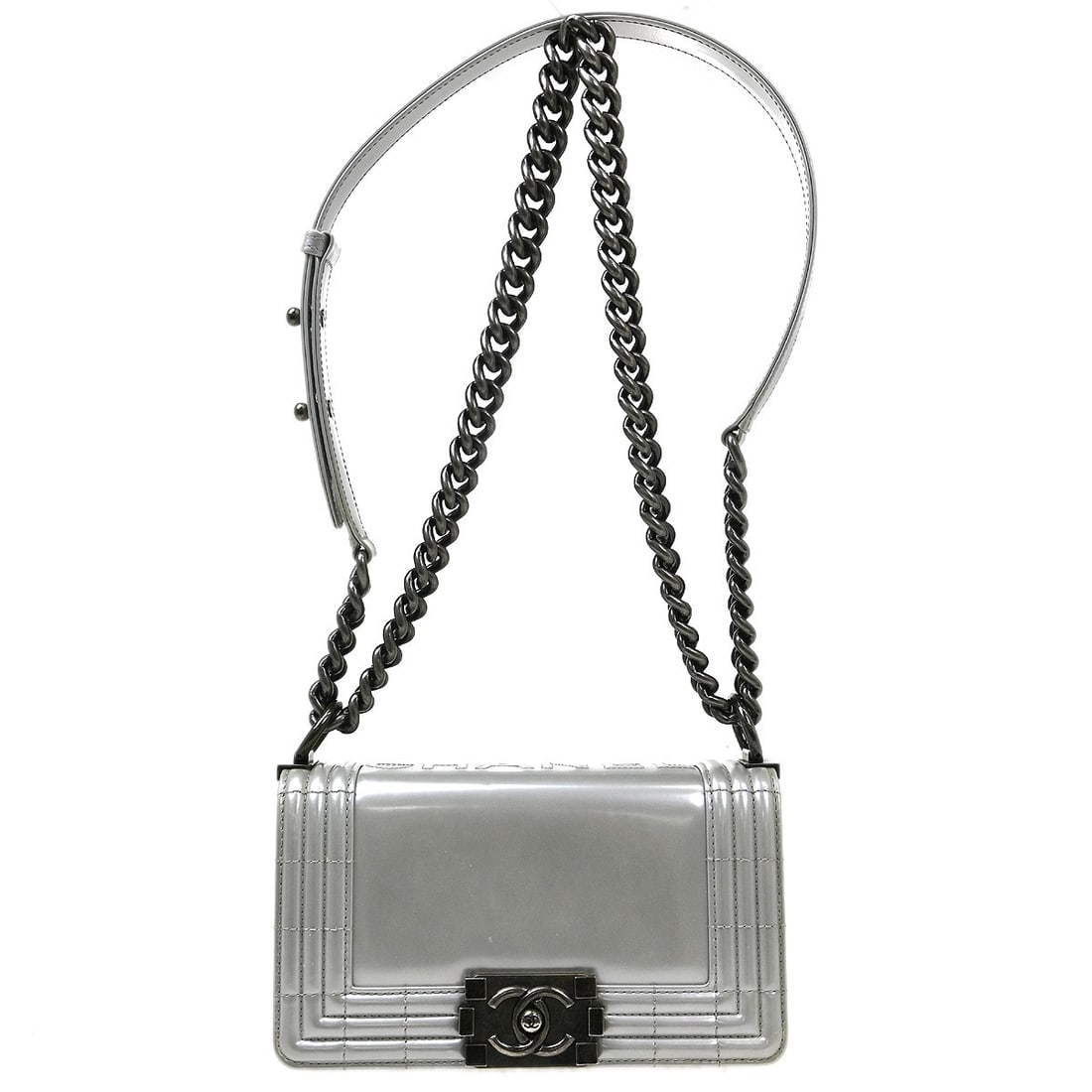 CHANEL Boy Single Chain Silver Patent Leather Shoulder Bag: CHANEL Boy Single Chain Silver Patent Leather Shoulder Bag This vintage CHANEL Boy shoulder bag features a silver patent leather exterior with a quilted design and a push lock closure. It is designed 