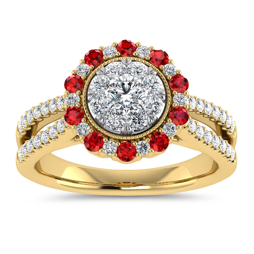 Diamond 1 Ct.Tw. And Ruby Ring in 14K Yellow Gold: Diamond 1 Ct.Tw. And Ruby Ring in 14K Yellow Gold 14k Yellow Gold Stone Color: G-h Stone Clarity: Aaa / Si3 Each ring is presented in standard size 6.5. Complimentary resizing is available between siz