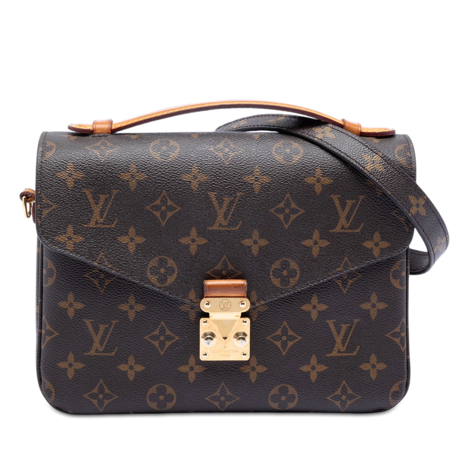 Louis Vuitton Pochette Metis Shoulder Bag in Monogram Canvas with S Lock: Louis Vuitton Pochette Metis Shoulder Bag in Monogram Canvas with S Lock The Louis Vuitton Monogram Pochette Metis features a monogram canvas body with a flat vachetta leather top handle, a detachable