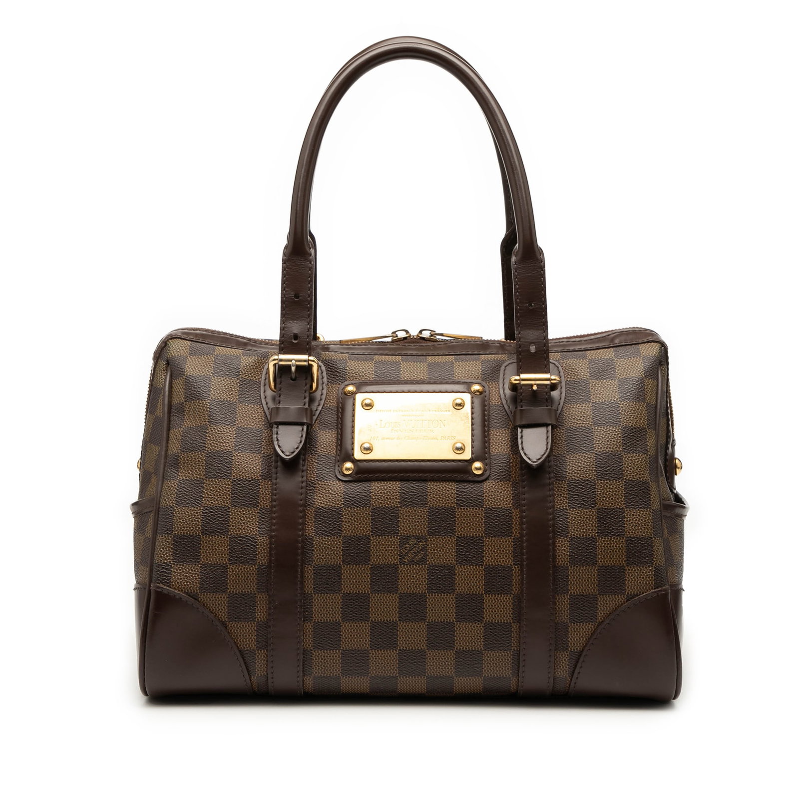 Damier Ebene Berkeley handbag by Louis Vuitton with leather trim: Damier Ebene Berkeley handbag by Louis Vuitton with leather trim This Louis Vuitton Damier Ebene Berkeley bag features the signature damier ebene canvas with leather trim, complemented by rolled