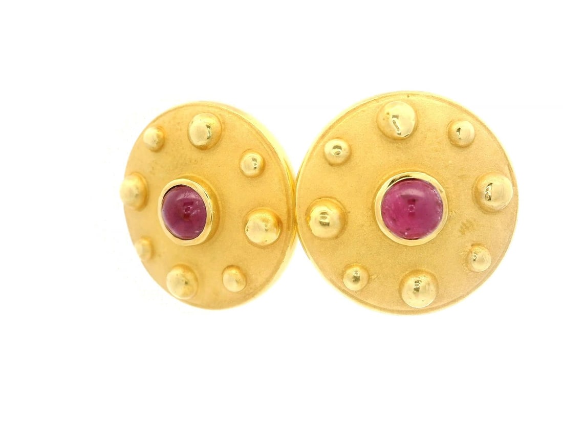 18k Yellow Gold Ruby Cabochon Button Earrings Dual Finish - 2