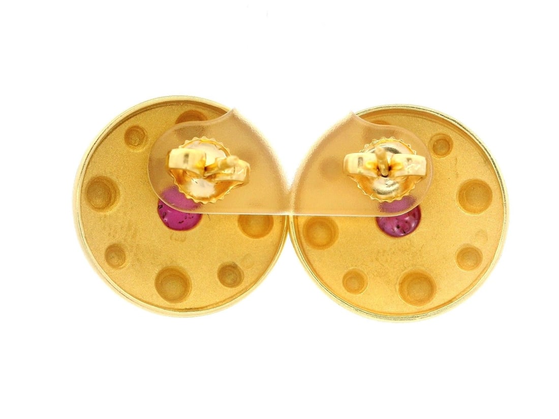 18k Yellow Gold Ruby Cabochon Button Earrings Dual Finish - 6