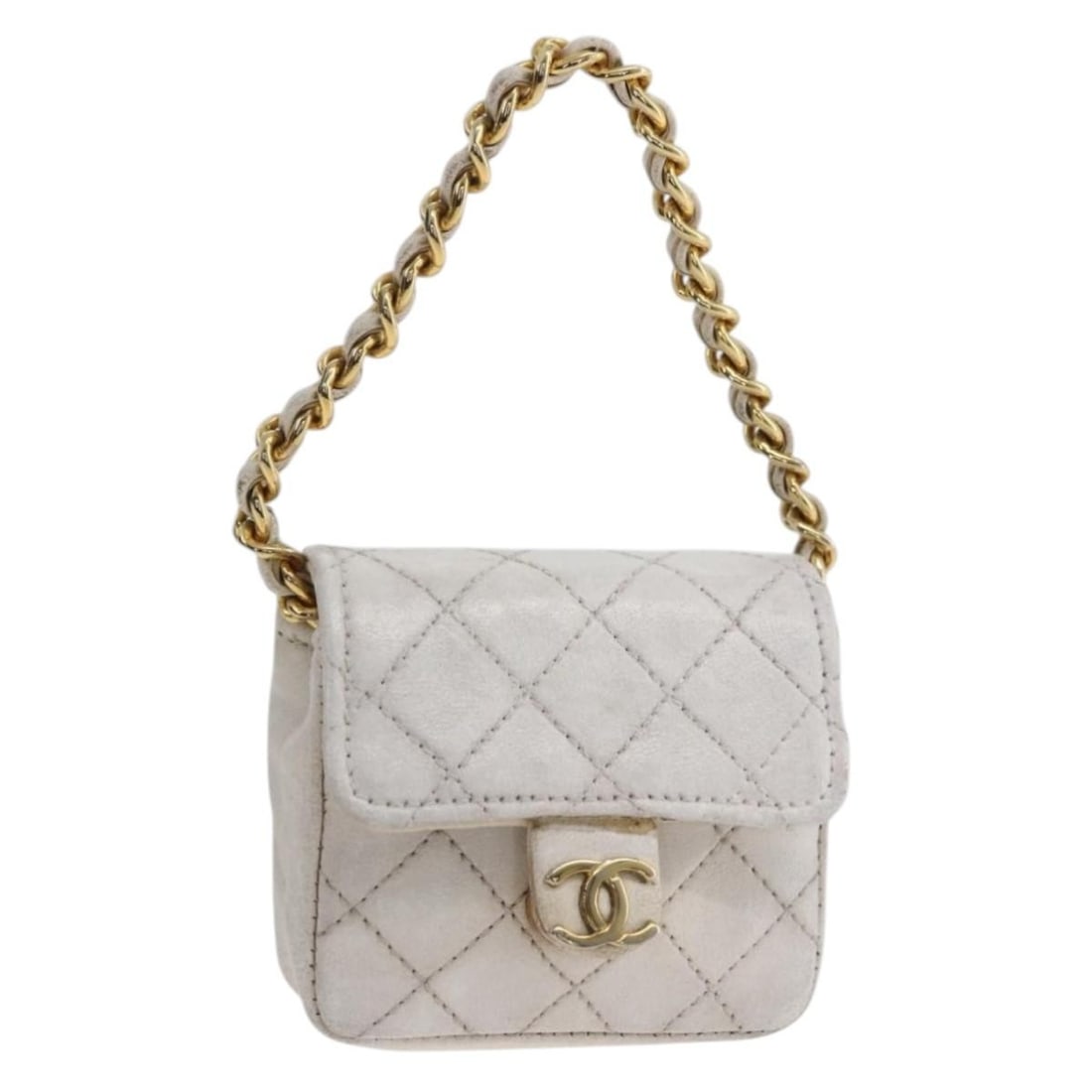 White Leather Pouch Minimini Matelasse 7 by CHANEL Gold CC France: White Leather Pouch Minimini Matelasse 7 by CHANEL Gold CC France This CHANEL Minimini Matelasse 7 pouch is crafted from white and gold leather and features the iconic CC logo. Designed for women, thi