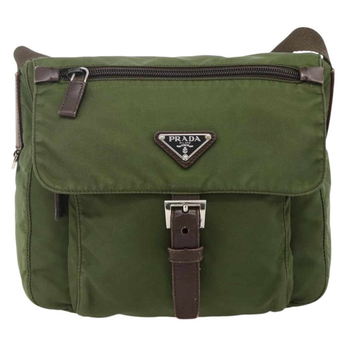 Prada Tessuto green nylon messenger bag: Prada Tessuto green nylon messenger bag This Prada Buckle Messenger Bag is crafted from durable green nylon and features a practical design suitable for all genders. It has a buckle closure and an adj
