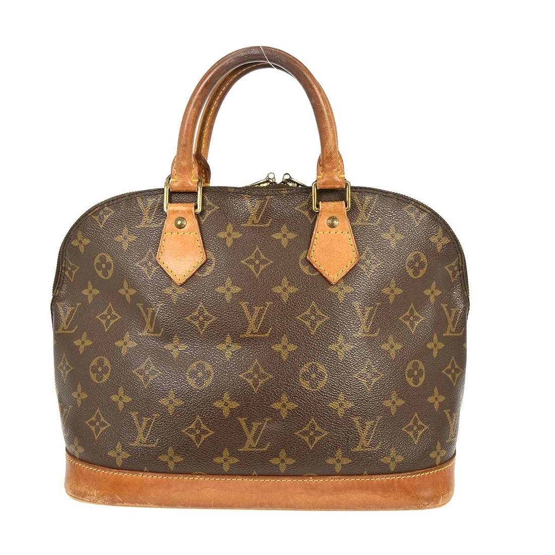 Louis Vuitton Alma Monogram Brown Canvas Handbag: Louis Vuitton Alma Monogram Brown Canvas Handbag This Louis Vuitton Alma handbag features the iconic Monogram canvas with beige double handles and a zip closure. The medium-sized bag has a brown canva