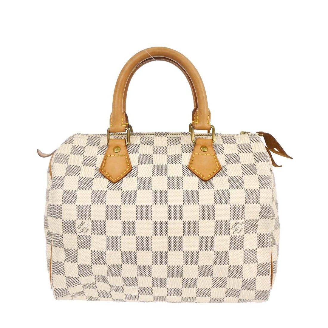 Louis Vuitton Damier Speedy White Canvas Handbag: Louis Vuitton Damier Speedy White Canvas Handbag This Louis Vuitton Speedy handbag features the iconic Damier pattern in white canvas. Designed for women, it offers a spacious interior and classic sil