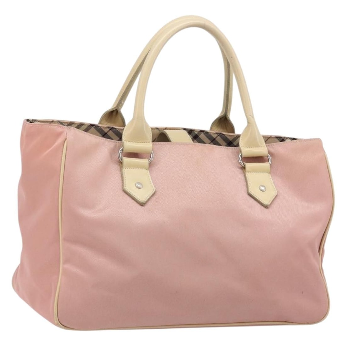 Burberry Blue Label pink silver nylon hand bag Japan: Burberry Blue Label pink silver nylon hand bag Japan This BURBERRY Nova Check Blue Label handbag is crafted from durable nylon in a pink and silver color scheme. Designed for women, it features a spac