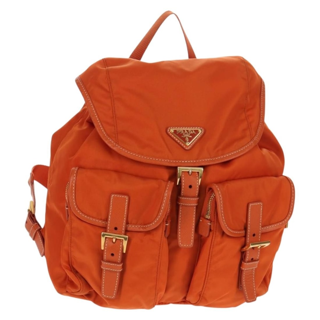 PRADA Orange Gold Nylon Backpack Auth 155325V Italy: PRADA Orange Gold Nylon Backpack Auth 155325V Italy Elevate your style with this authentic PRADA Backpack crafted from durable nylon in a vibrant orange and gold color combination. This stylish backpa