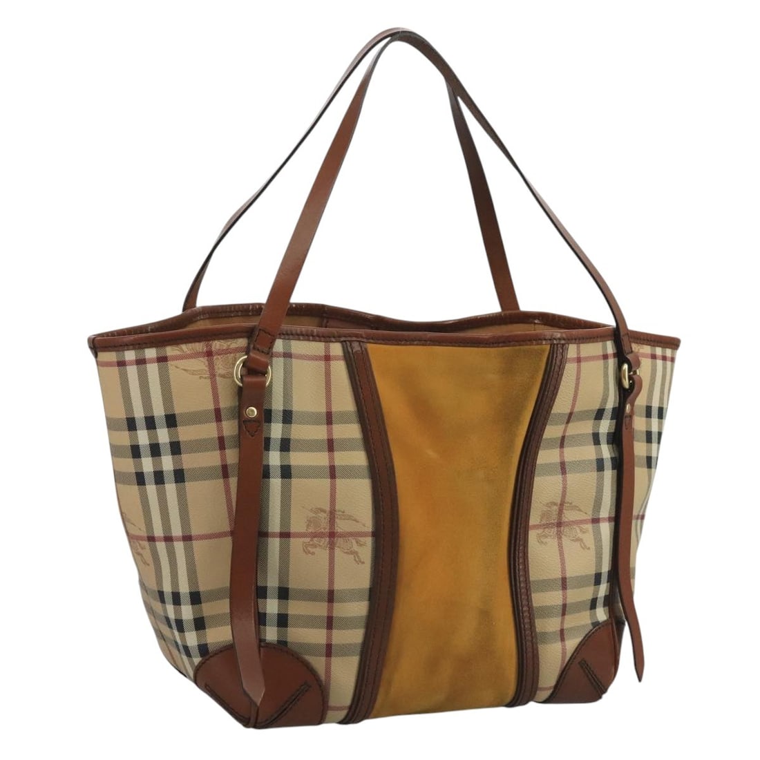 Burberry Nova Check Beige Brown PVC and Suede Shoulder Bag Gold Accents: Burberry Nova Check Beige Brown PVC and Suede Shoulder Bag Gold Accents This Burberry Nova Check shoulder bag features classic beige, brown, and gold tones in durable PVC leather with suede accents. D
