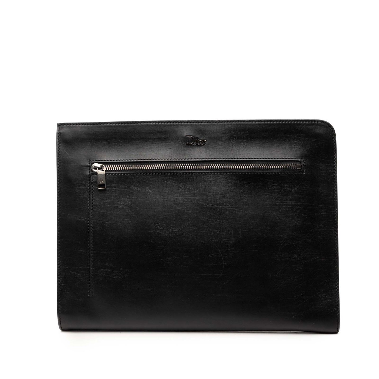 Dior black leather zip clutch bag with front pocket: Dior black leather zip clutch bag with front pocket This Dior clutch bag is crafted from black leather and features a top zip closure, an exterior front zip pocket, and interior zip and slip pockets f