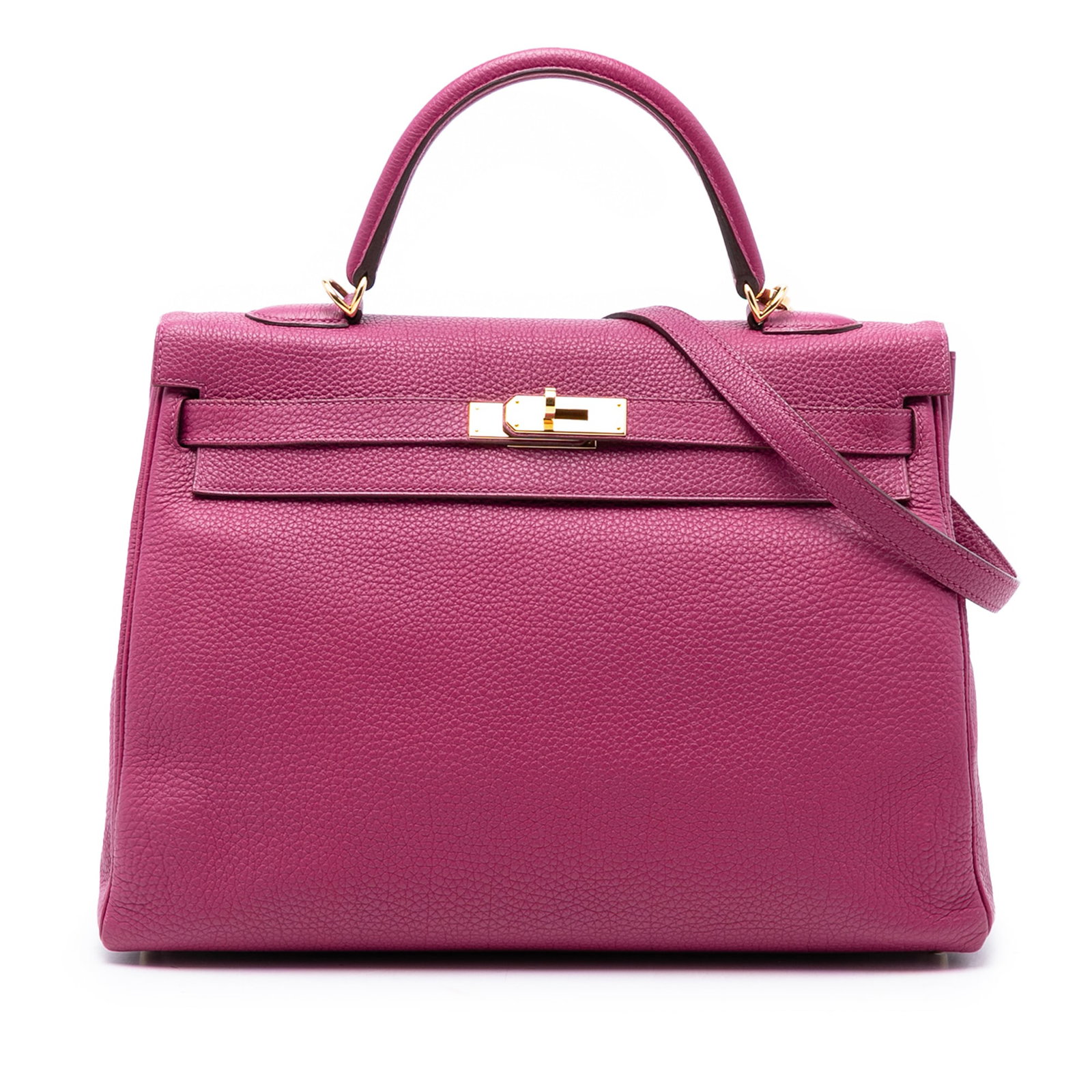 Hermes Kelly II Retourne 35 Togo Leather Purple Bag: Hermes Kelly II Retourne 35 Togo Leather Purple Bag This Hermes Togo Kelly II Retourne 35 features a Tosca-colored Togo leather body with a flat leather top handle and a detachable flat strap. It is d