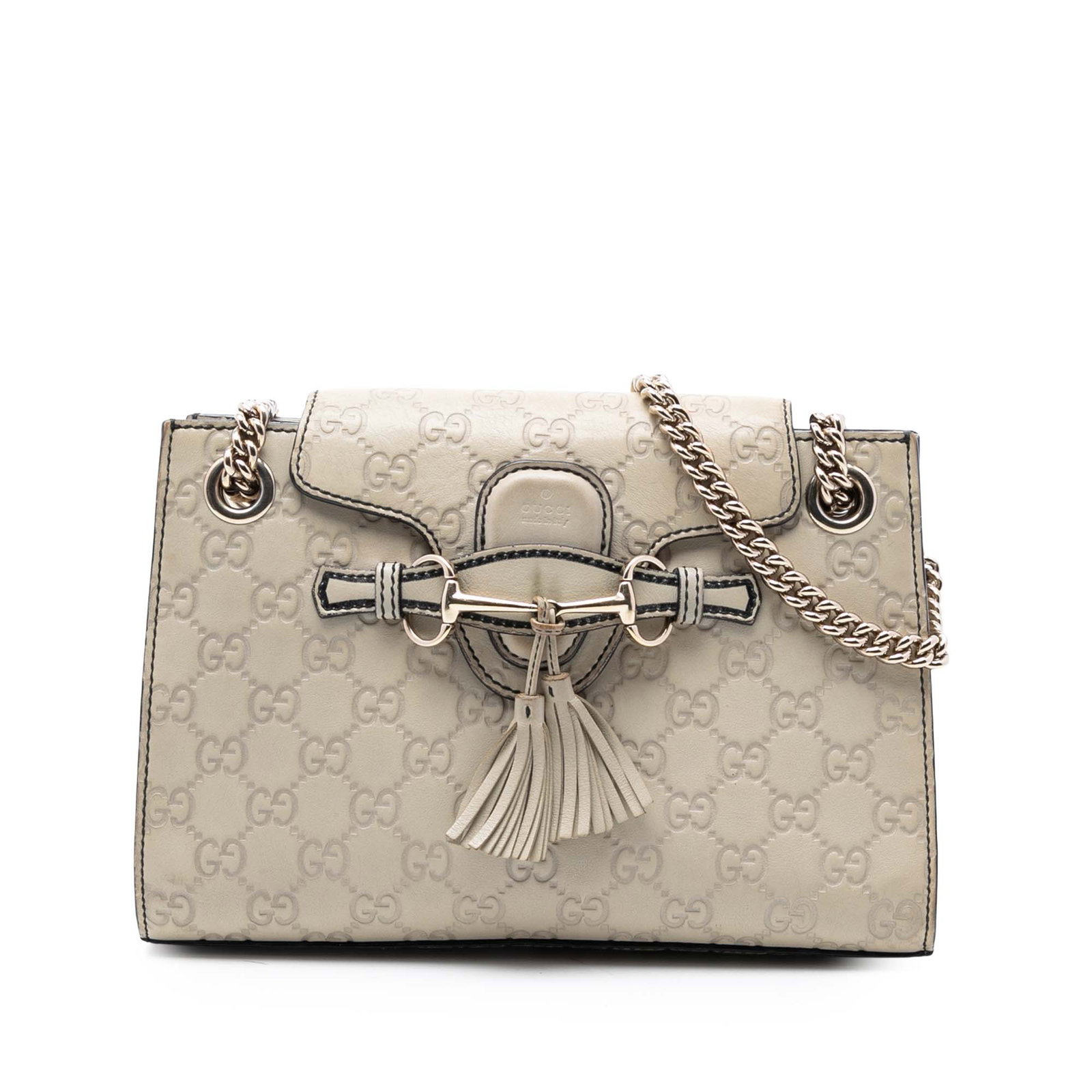 Gucci Guccissima Emily Leather Chain Shoulder Bag White: Gucci Guccissima Emily Leather Chain Shoulder Bag White This Gucci Small Guccissima Emily Shoulder Bag features an embossed leather body in white, complemented by chain link straps with leather should