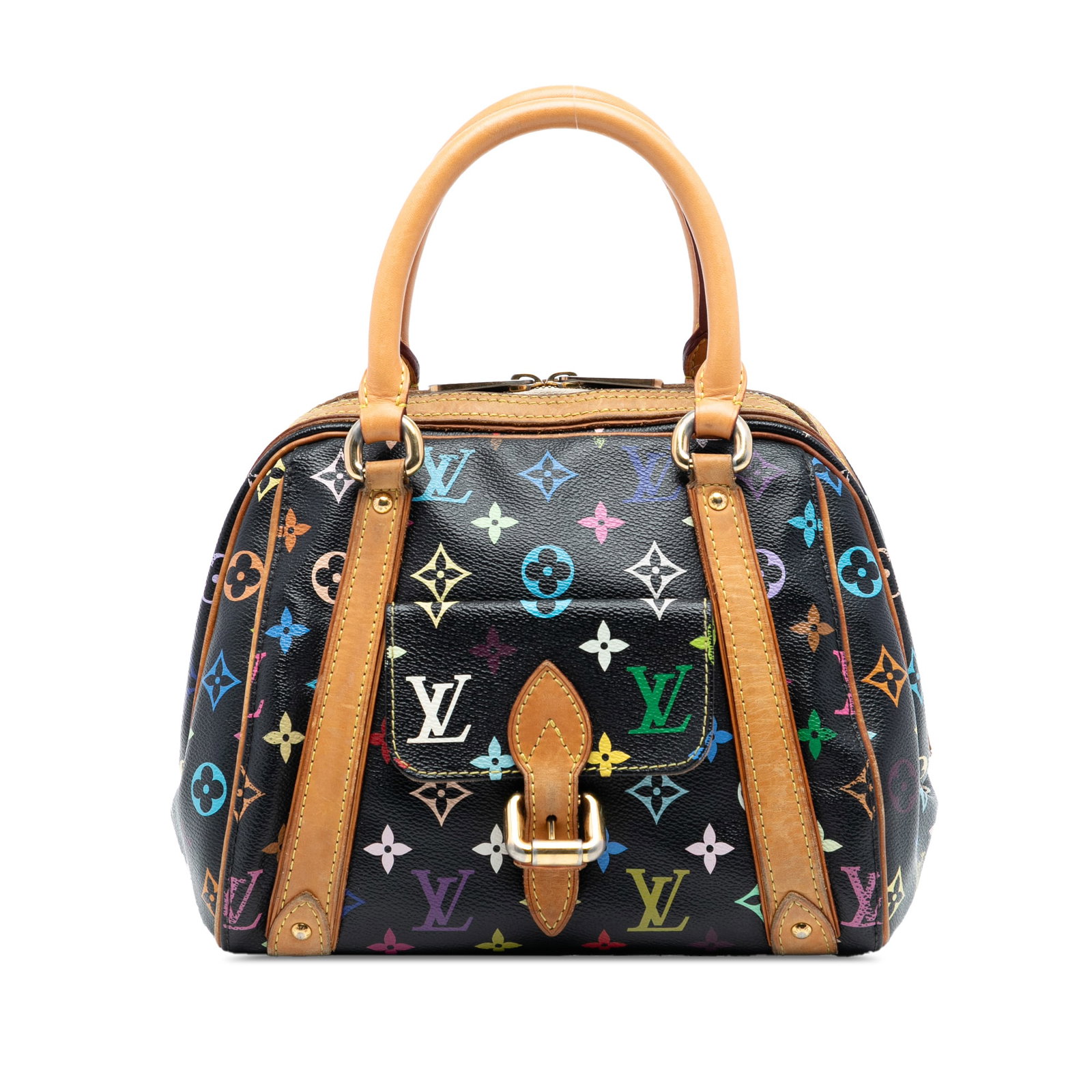 Louis Vuitton Priscilla Handbag Monogram Multicolore Canvas with Vachetta Leather Trim: Louis Vuitton Priscilla Handbag Monogram Multicolore Canvas with Vachetta Leather Trim The Priscilla bag by Louis Vuitton features a monogram multicolore canvas body with vachetta leather trim and rol
