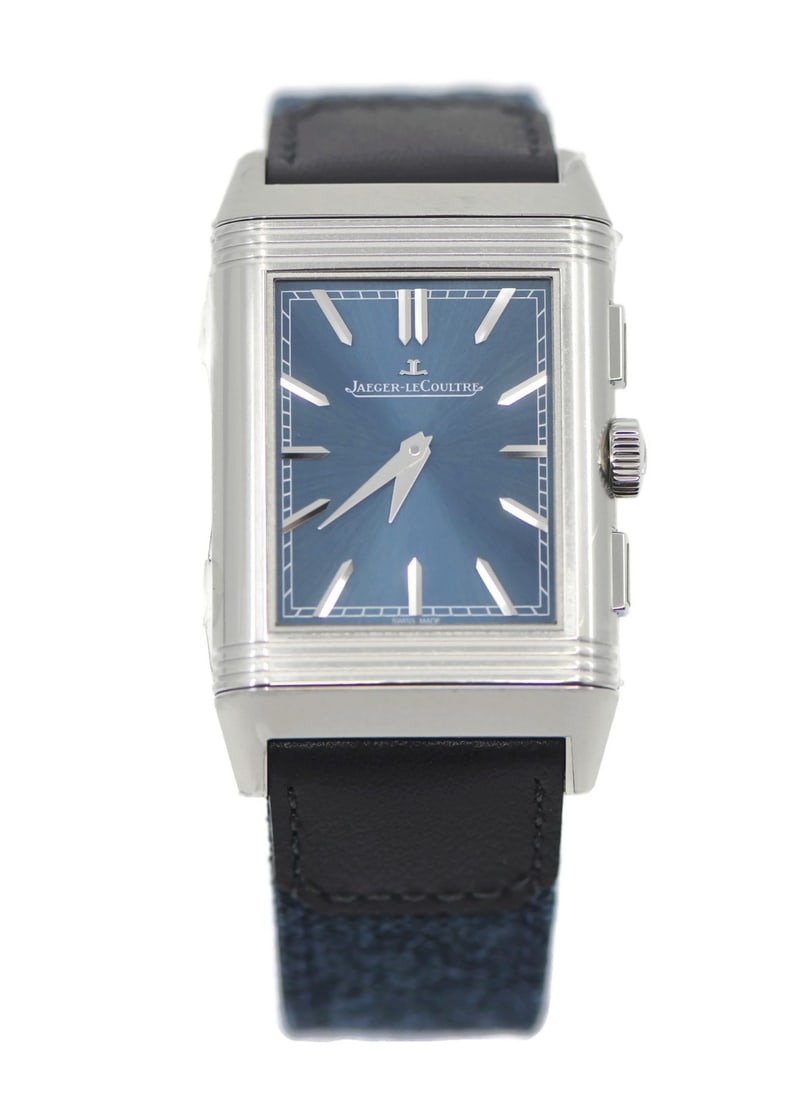 Reverso Tribute Chronograph Q389848J Manual Steel Watch with Box and Papers: Reverso Tribute Chronograph Q389848J Manual Steel Watch with Box and Papers This Jaeger-LeCoultre Reverso Tribute Chronograph wristwatch features a stainless steel case measuring 30 x 49 mm and a blue