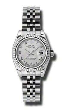 Rolex Datejust Lady 179174 Jubilee Fluted Silver Roman Dial: Rolex Datejust Lady 179174 Jubilee Fluted Silver Roman Dial This Rolex Datejust Lady watch features a silver Roman numeral dial, a fluted bezel, and is presented on a Jubilee bracelet. It is designed 