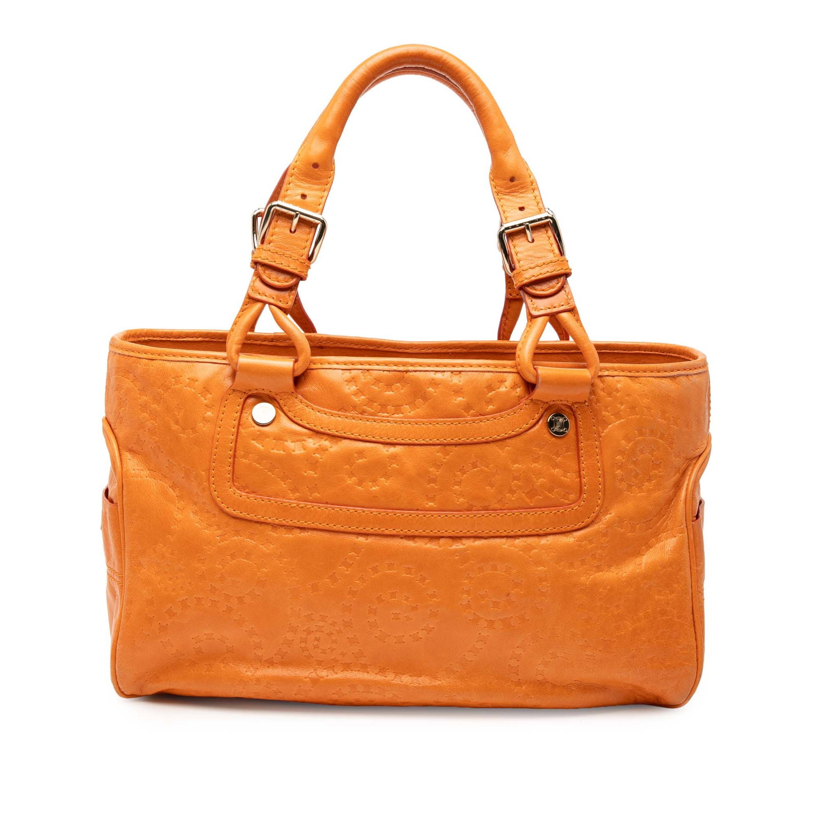 Celine Boogie Orange Leather Tote with Spiraling Macadam Embossed Design: Celine Boogie Orange Leather Tote with Spiraling Macadam Embossed Design This Celine Spiraling Macadam Embossed Leather Boogie Handbag features a leather body with a distinctive embossed pattern, roll