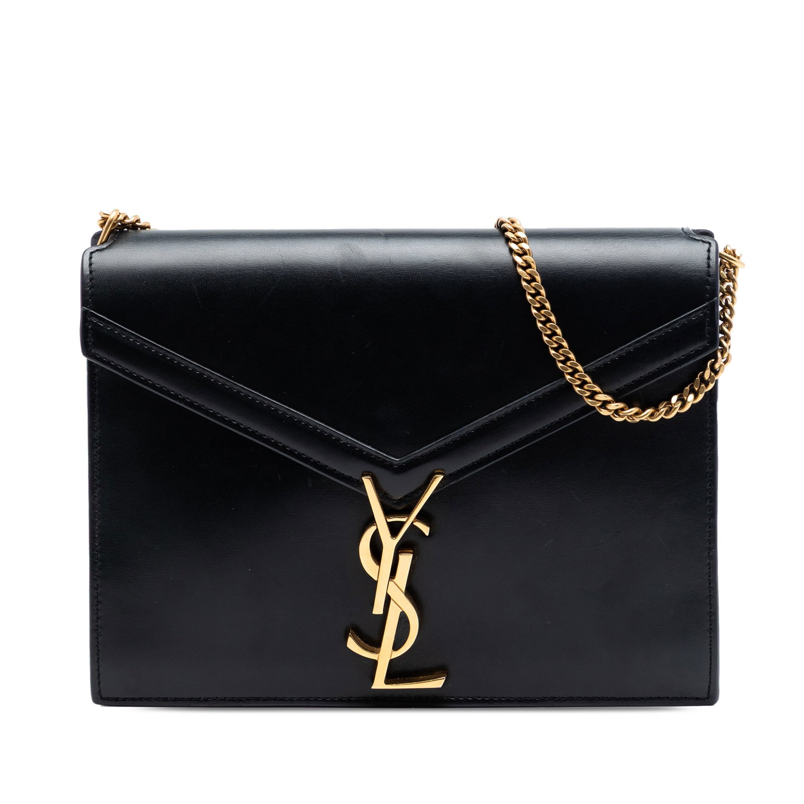 Saint Laurent Cassandra black leather chain flap bag: Saint Laurent Cassandra black leather chain flap bag This Saint Laurent Smooth Calfskin Monogram Cassandra Clasp Bag features a black leather body with a chain link strap, a front flap adorned with a 