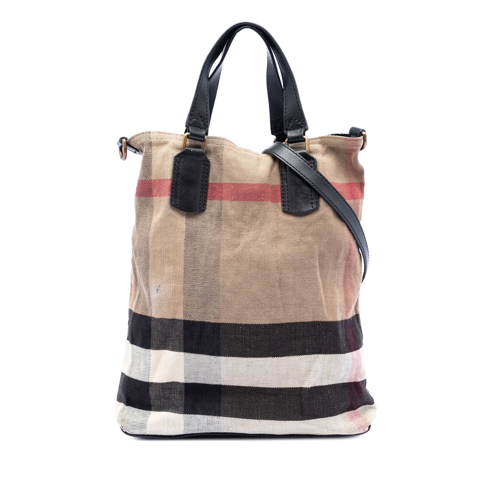 Burberry canvas satchel with pouch and leather strap: Burberry canvas satchel with pouch and leather strap This Burberry Mega Check Canvas Tottenham Brit Satchel features the brand's signature mega check canvas with brown tones and flat leather handles. 