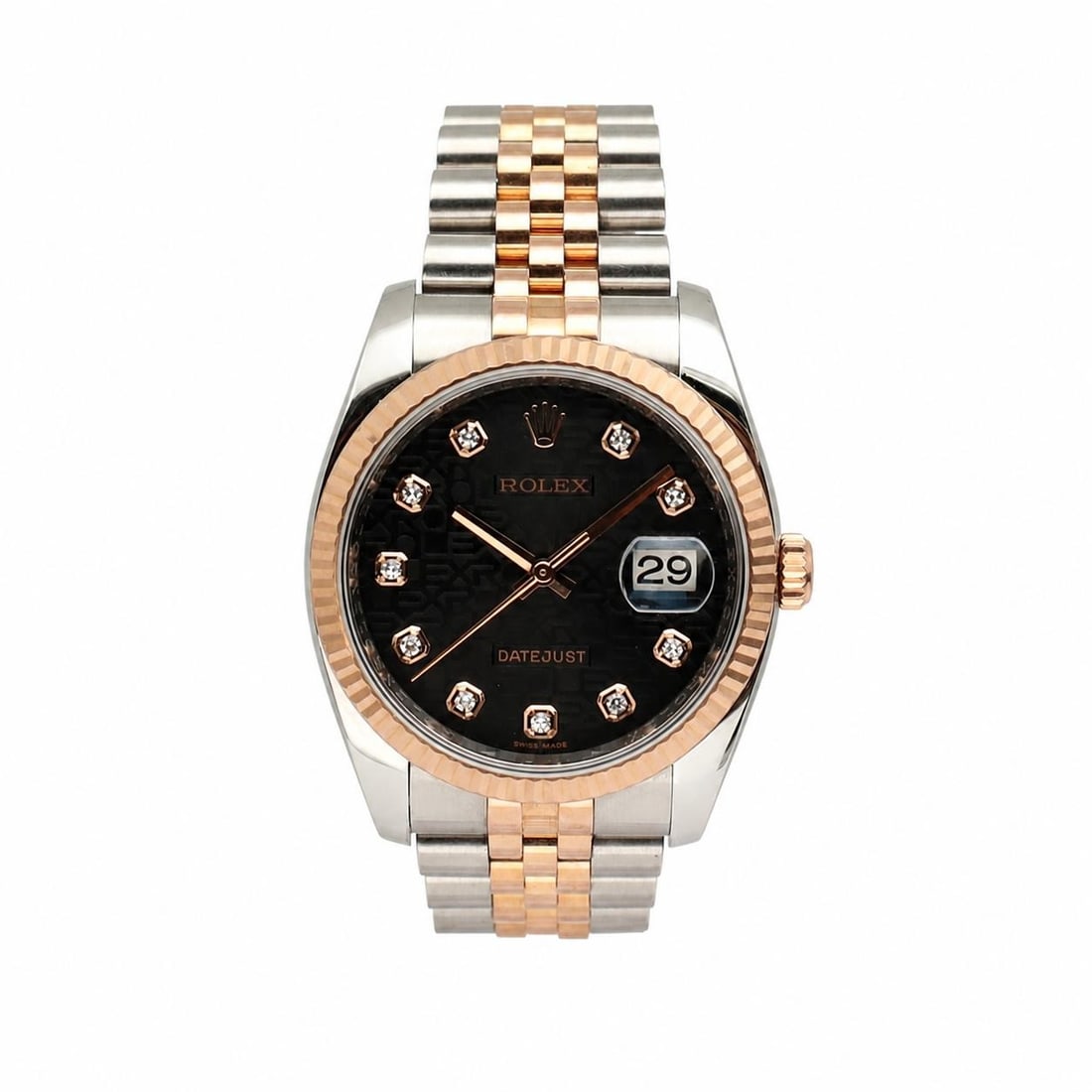 Rolex Datejust 36mm Rose Gold Steel Diamond Dial Jubilee Watch 116231: Rolex Datejust 36mm Rose Gold Steel Diamond Dial Jubilee Watch 116231 This Rolex Datejust 36 wristwatch features a sophisticated combination of 18k rose gold and stainless steel, paired with a black J