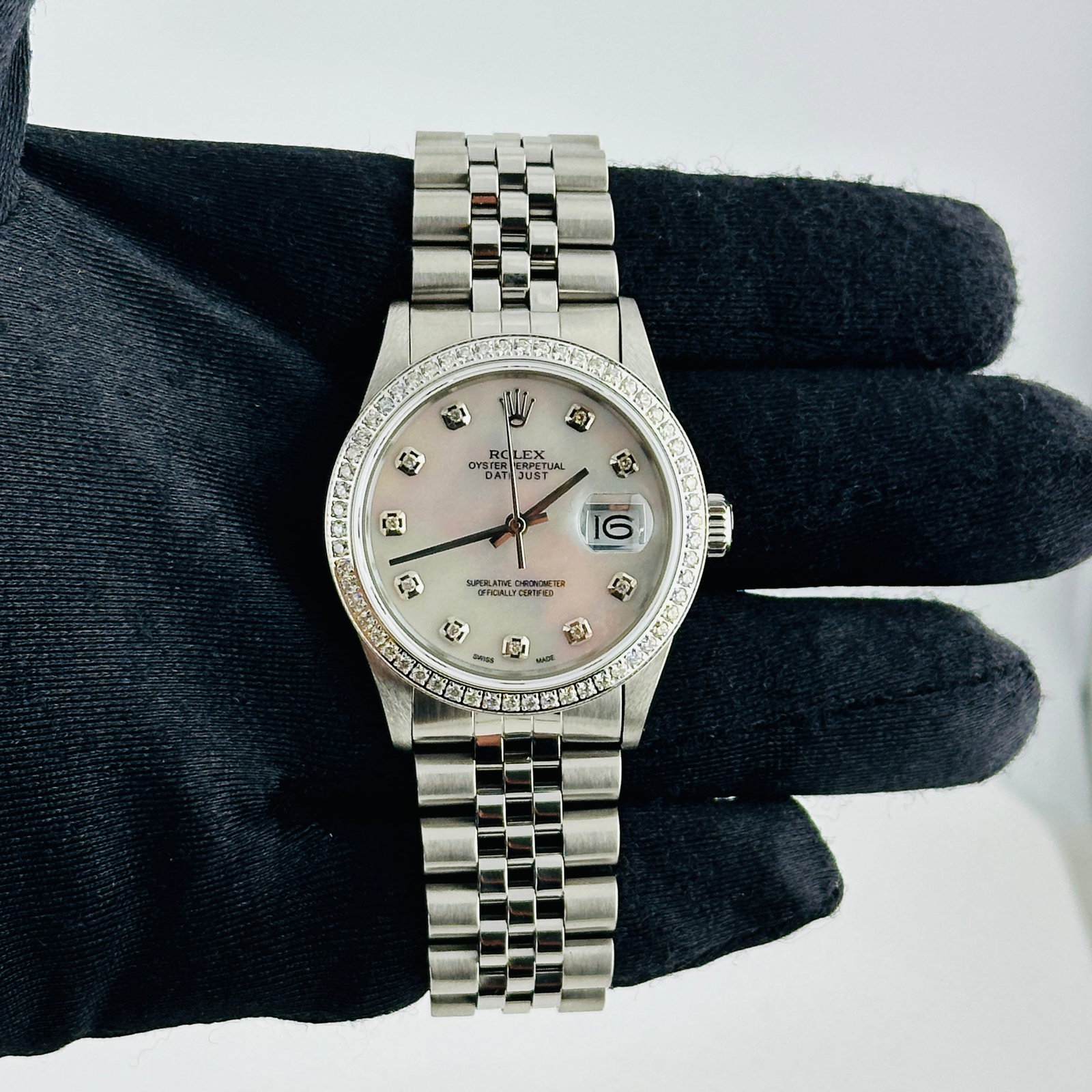 Rolex Datejust 16014 Mens Watch Aftermarket White MOP Diamond Dial D-Link Jubilee (1 of 4)