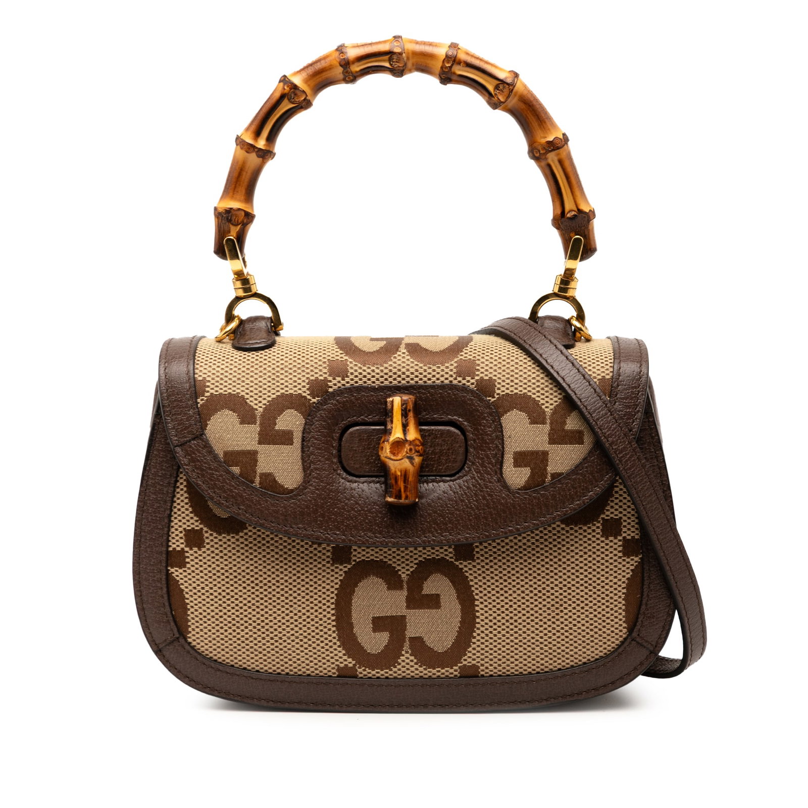 Gucci Small Jumbo GG Canvas Bamboo 1947 Top Handle Bag Brown: Gucci Small Jumbo GG Canvas Bamboo 1947 Top Handle Bag Brown The Gucci Small Jumbo GG Canvas Bamboo 1947 Top Handle Bag is a stylish accessory crafted from durable canvas with elegant leather trim. It